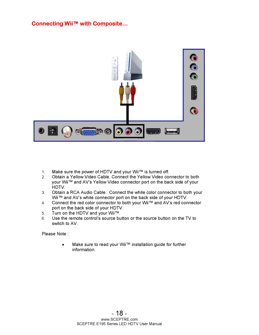 Sceptre Technologies SCEPTRE LED HDTV user manual Connecting Wii with Composite… 