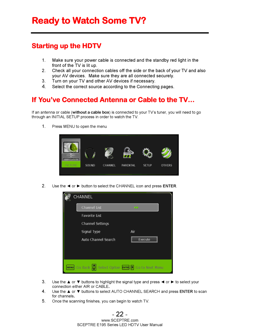 Sceptre Technologies SCEPTRE LED HDTV user manual Ready to Watch Some TV?, Starting up the Hdtv 