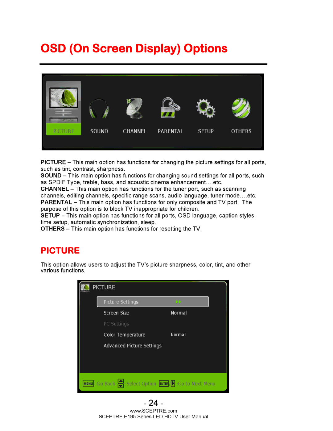 Sceptre Technologies SCEPTRE LED HDTV user manual OSD On Screen Display Options, Picture 