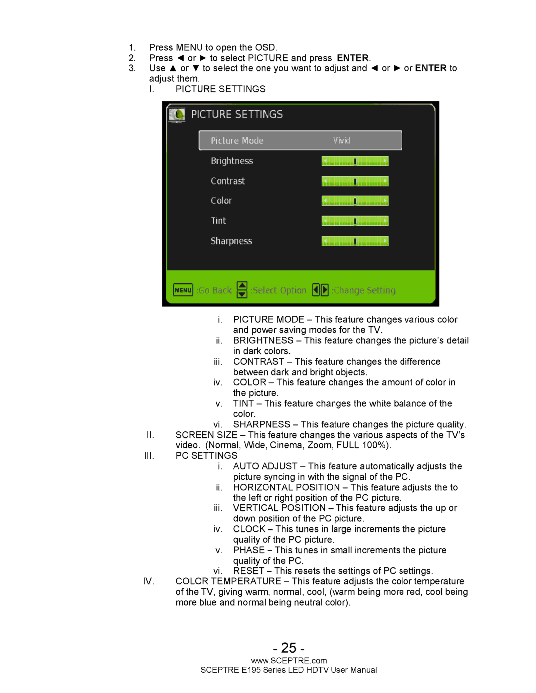 Sceptre Technologies SCEPTRE LED HDTV user manual Picture Settings 