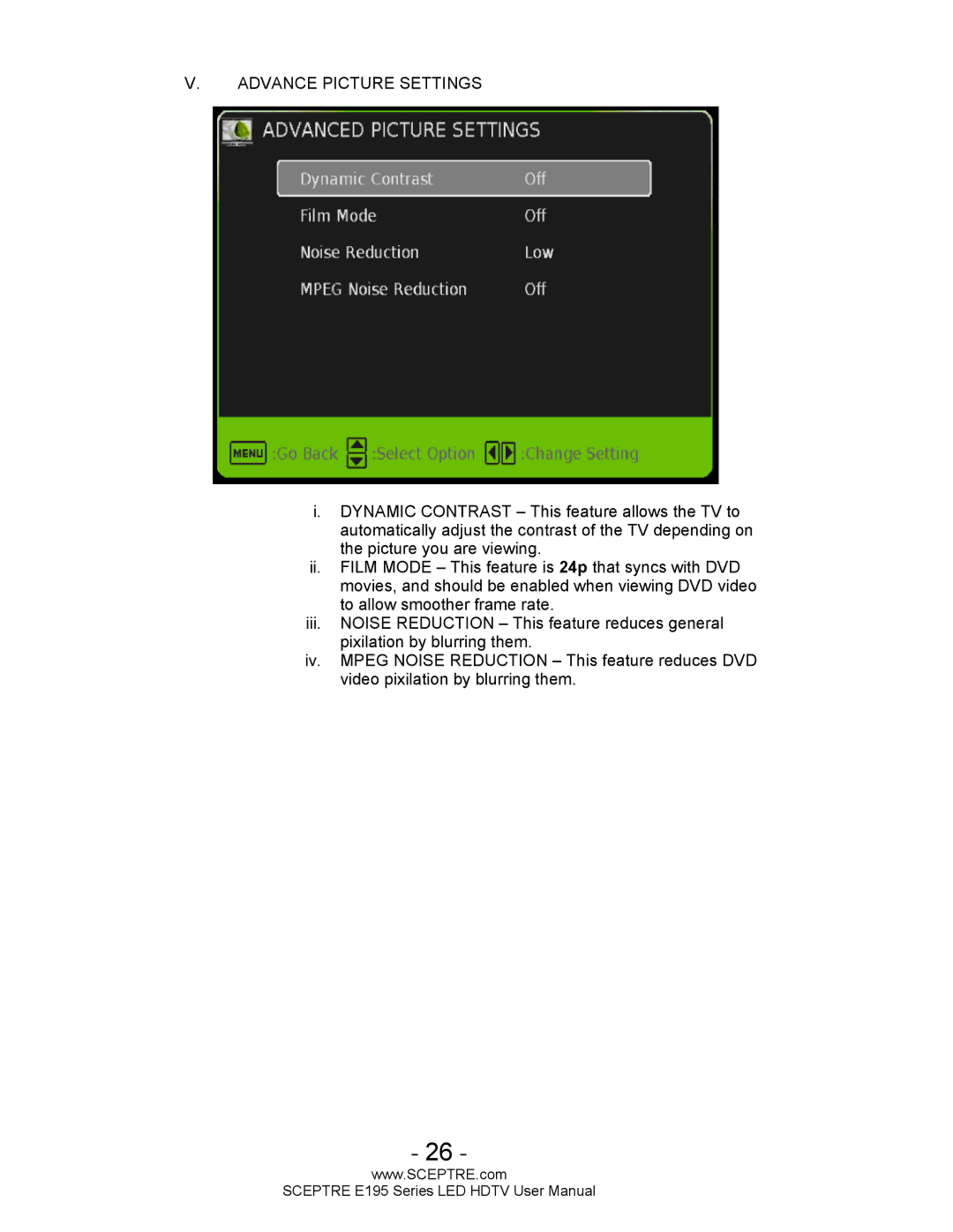 Sceptre Technologies SCEPTRE LED HDTV user manual Advance Picture Settings 