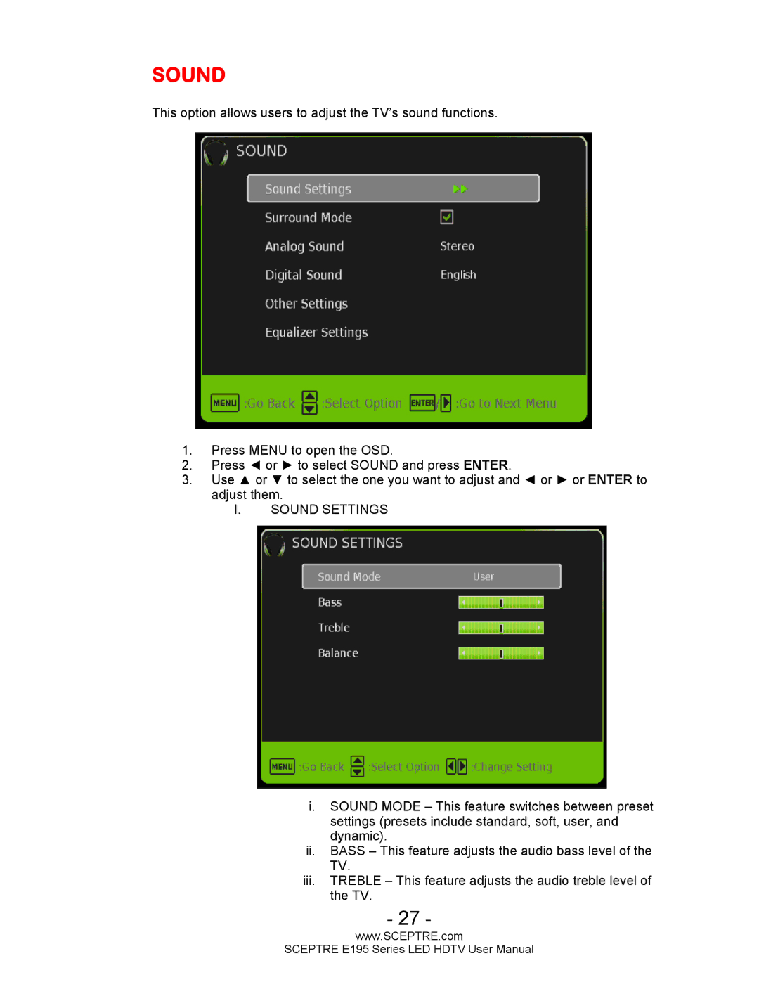 Sceptre Technologies SCEPTRE LED HDTV user manual Sound 