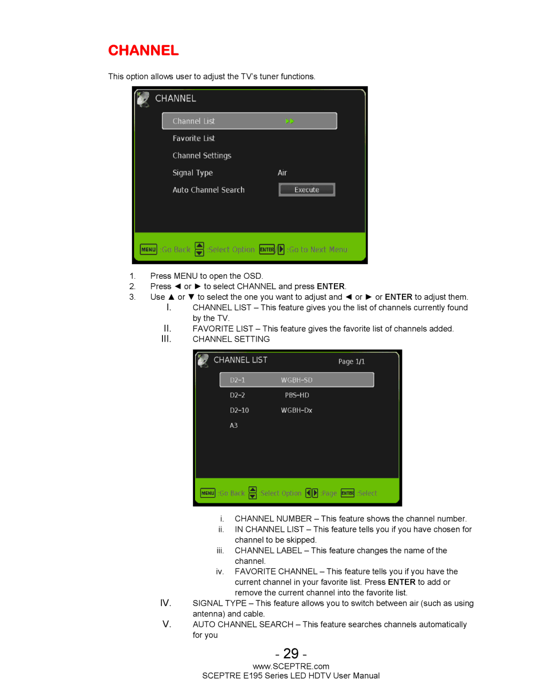 Sceptre Technologies SCEPTRE LED HDTV user manual Channel 