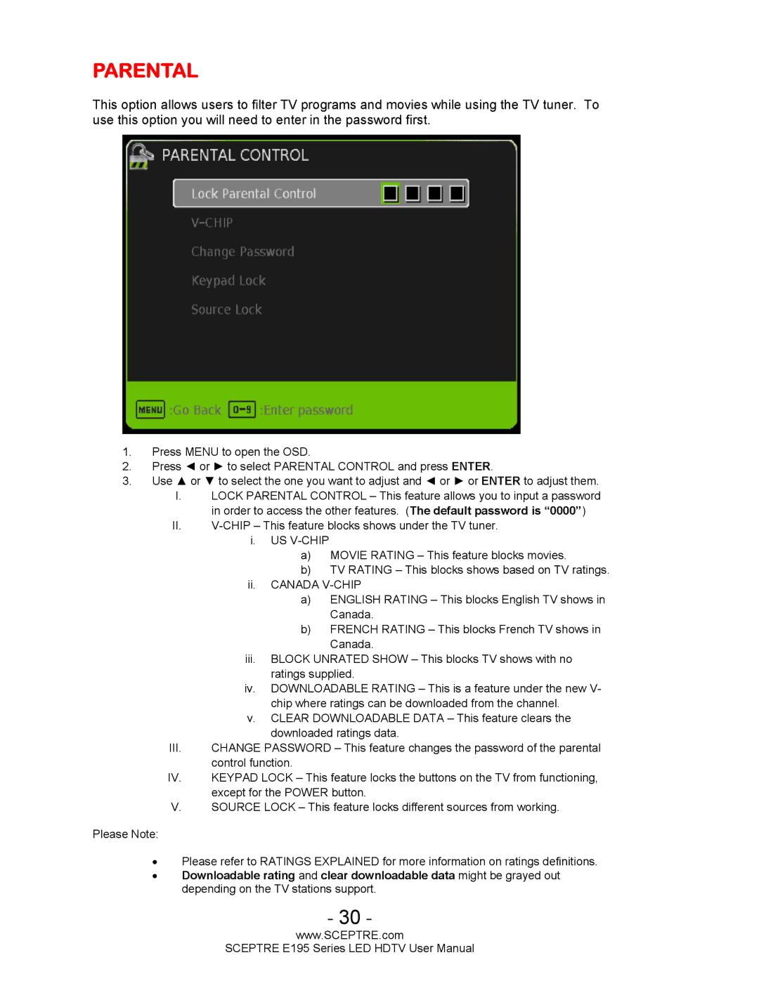 Sceptre Technologies SCEPTRE LED HDTV user manual Parental 