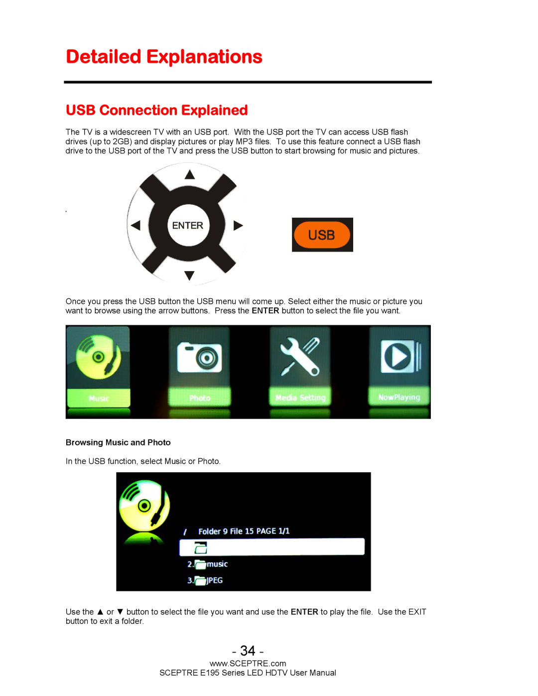 Sceptre Technologies SCEPTRE LED HDTV user manual Detailed Explanations, USB Connection Explained 