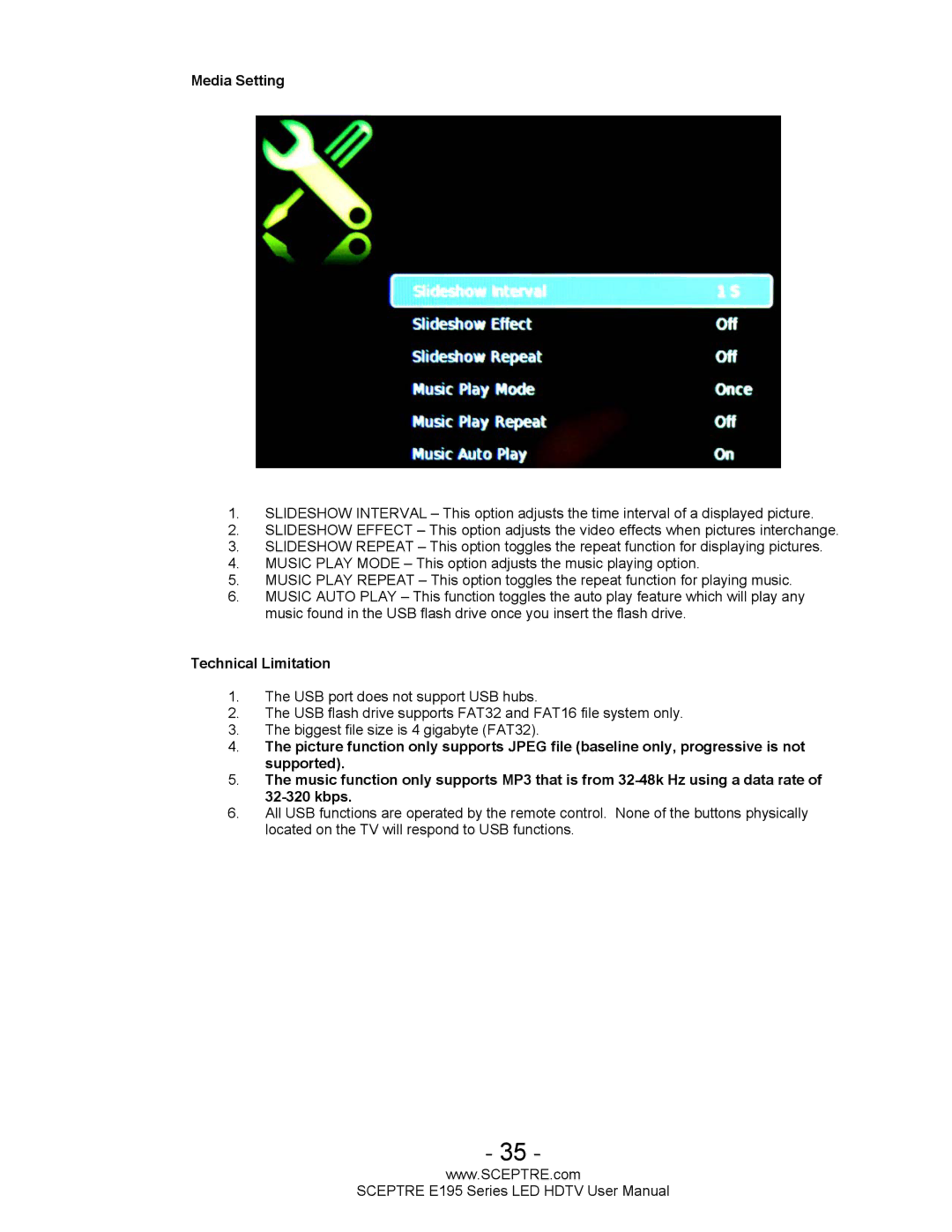 Sceptre Technologies SCEPTRE LED HDTV user manual Media Setting 