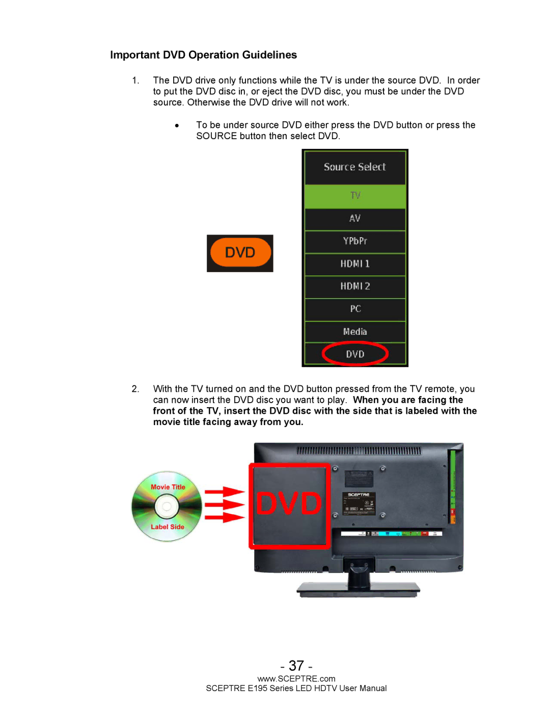 Sceptre Technologies SCEPTRE LED HDTV user manual Important DVD Operation Guidelines 