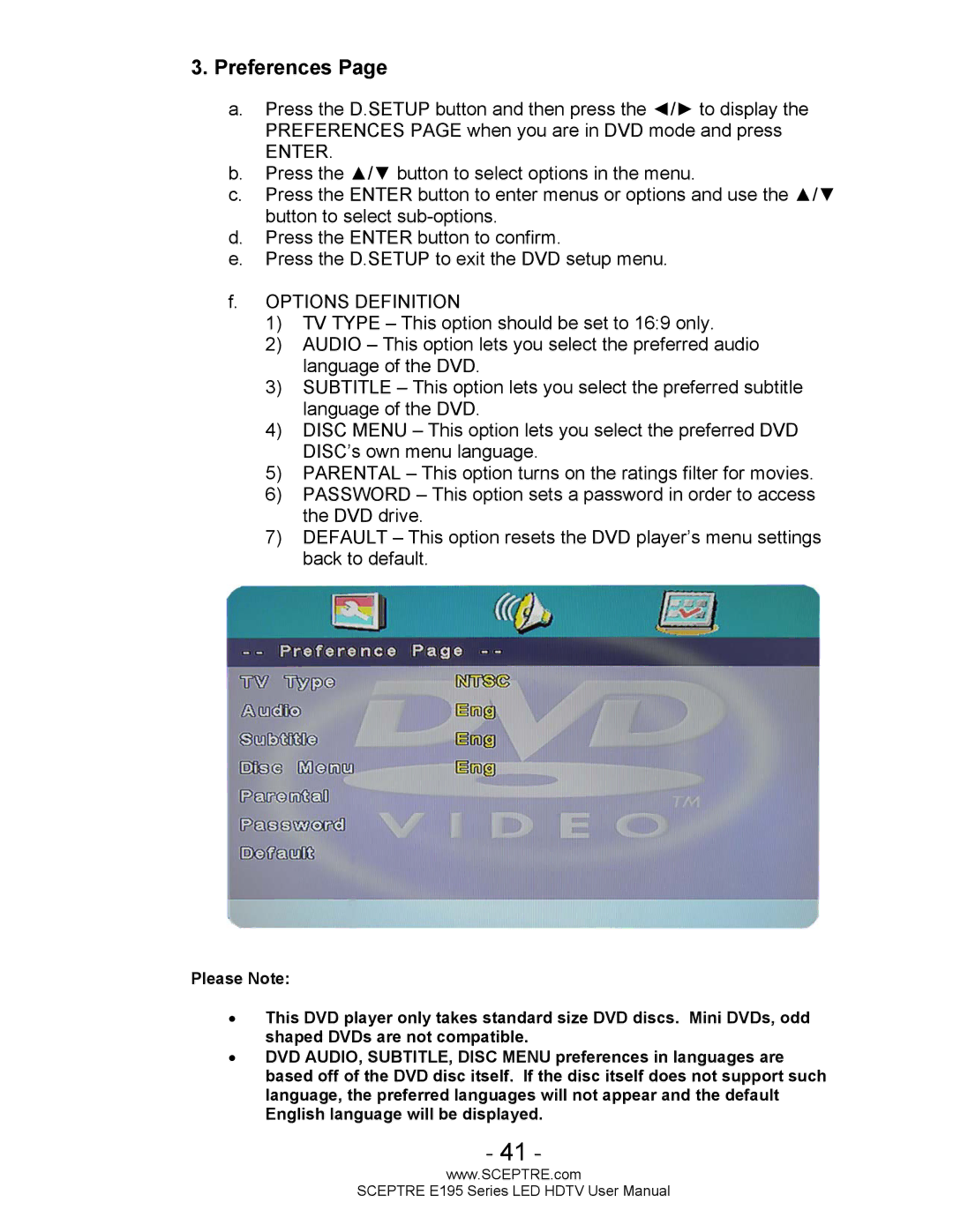 Sceptre Technologies SCEPTRE LED HDTV user manual Preferences 