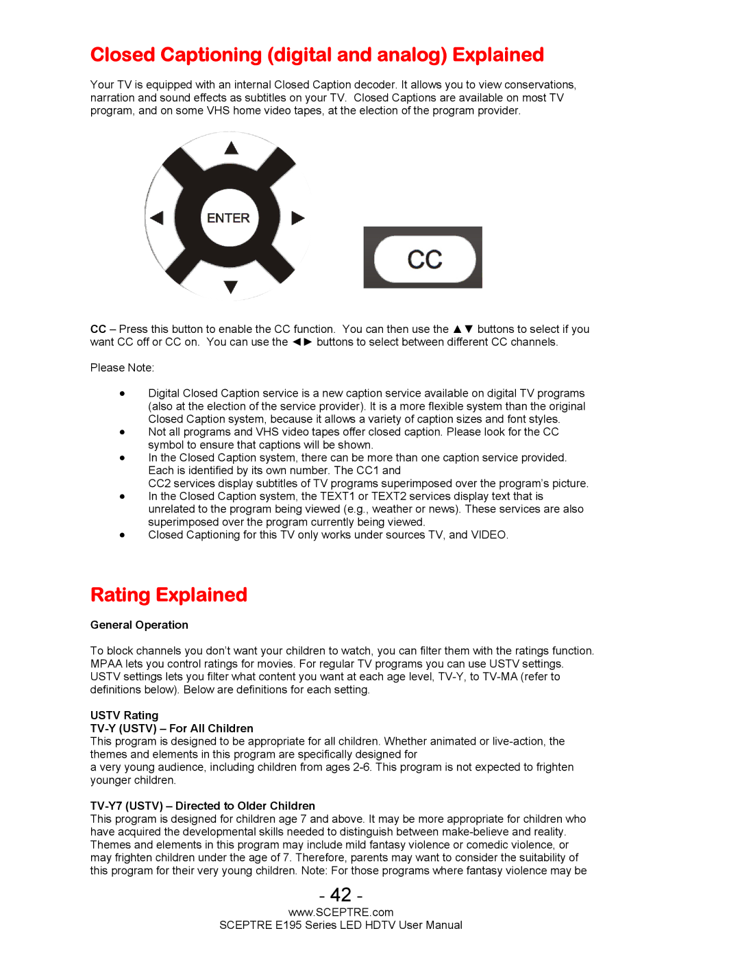 Sceptre Technologies SCEPTRE LED HDTV user manual Closed Captioning digital and analog Explained, Rating Explained 