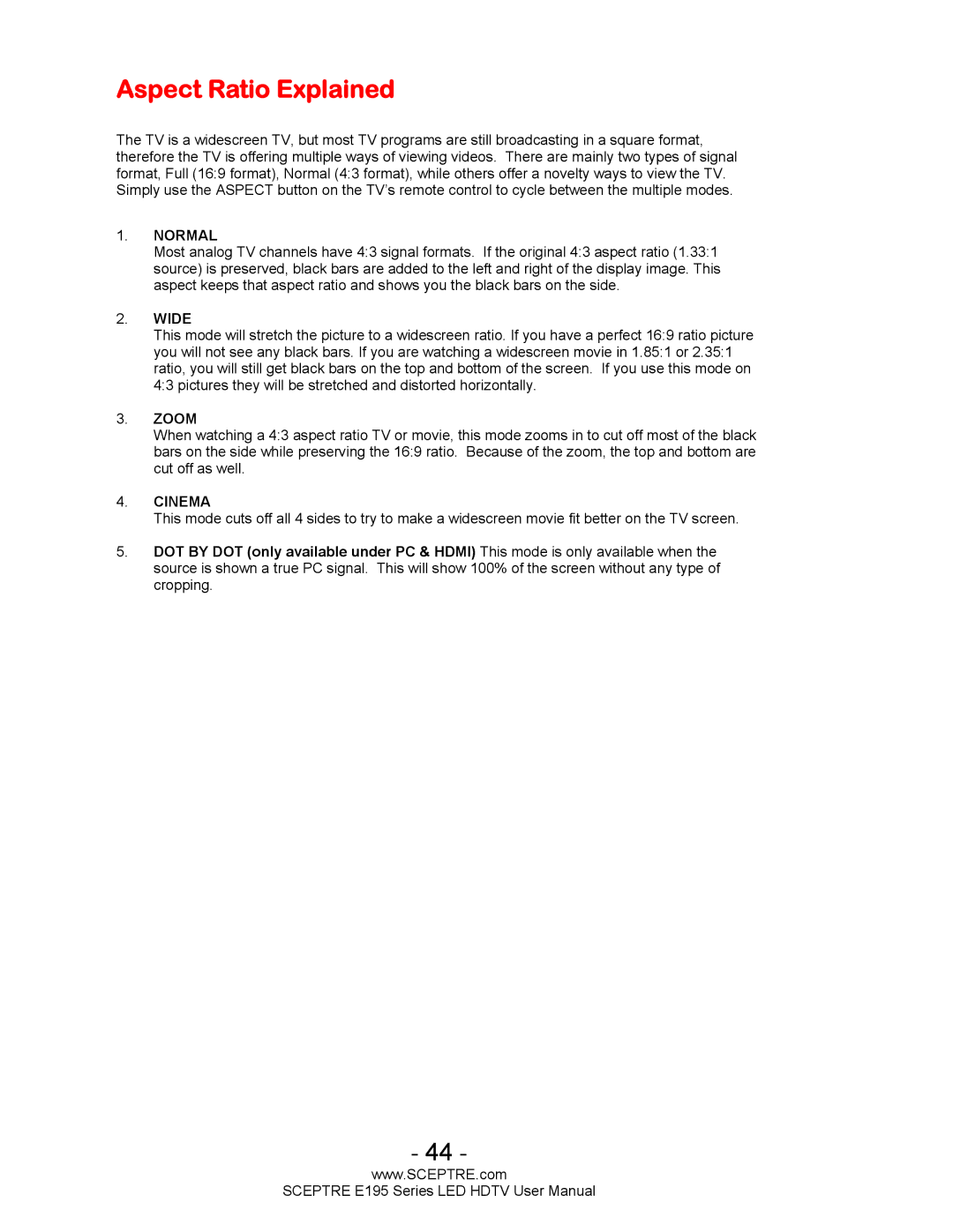 Sceptre Technologies SCEPTRE LED HDTV user manual Aspect Ratio Explained, Normal 