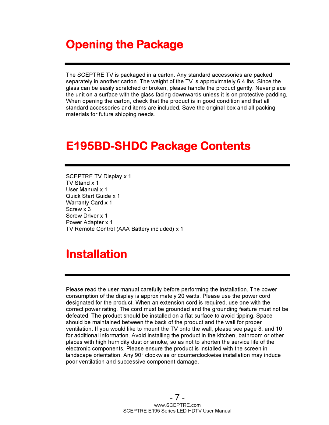 Sceptre Technologies SCEPTRE LED HDTV user manual Opening the Package, E195BD-SHDC Package Contents, Installation 