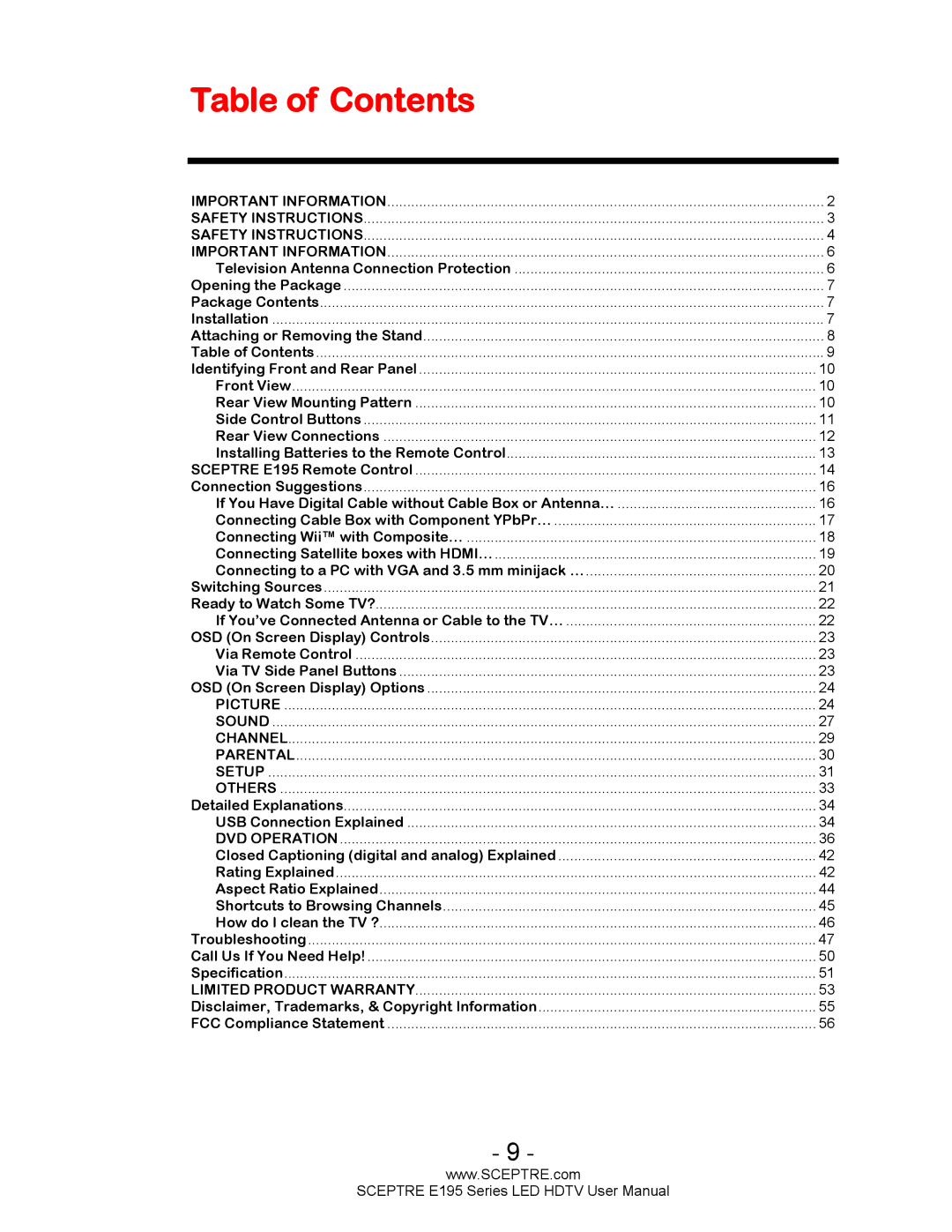 Sceptre Technologies SCEPTRE LED HDTV user manual Table of Contents 