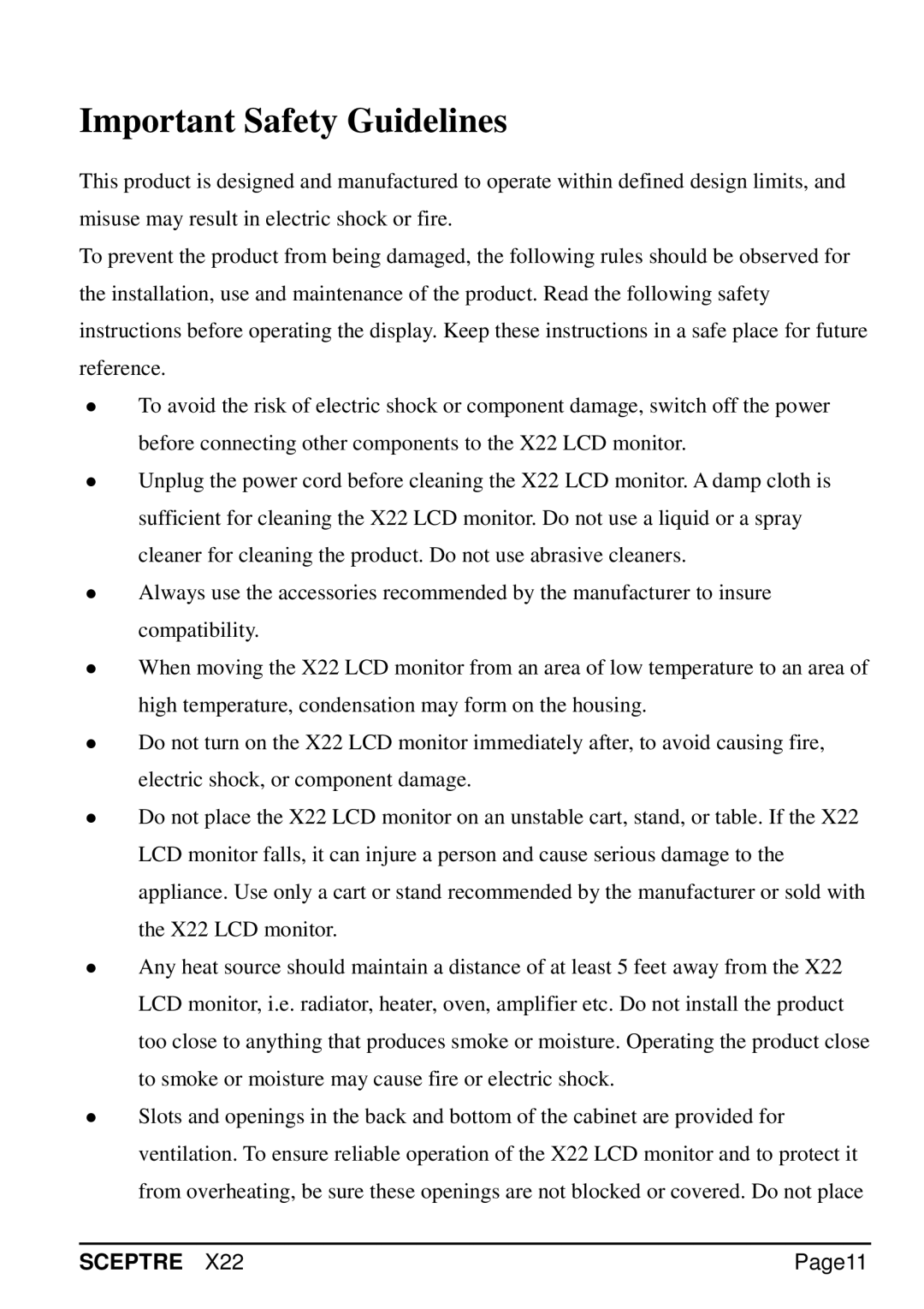 Sceptre Technologies SCEPTRE X22 specifications Important Safety Guidelines 