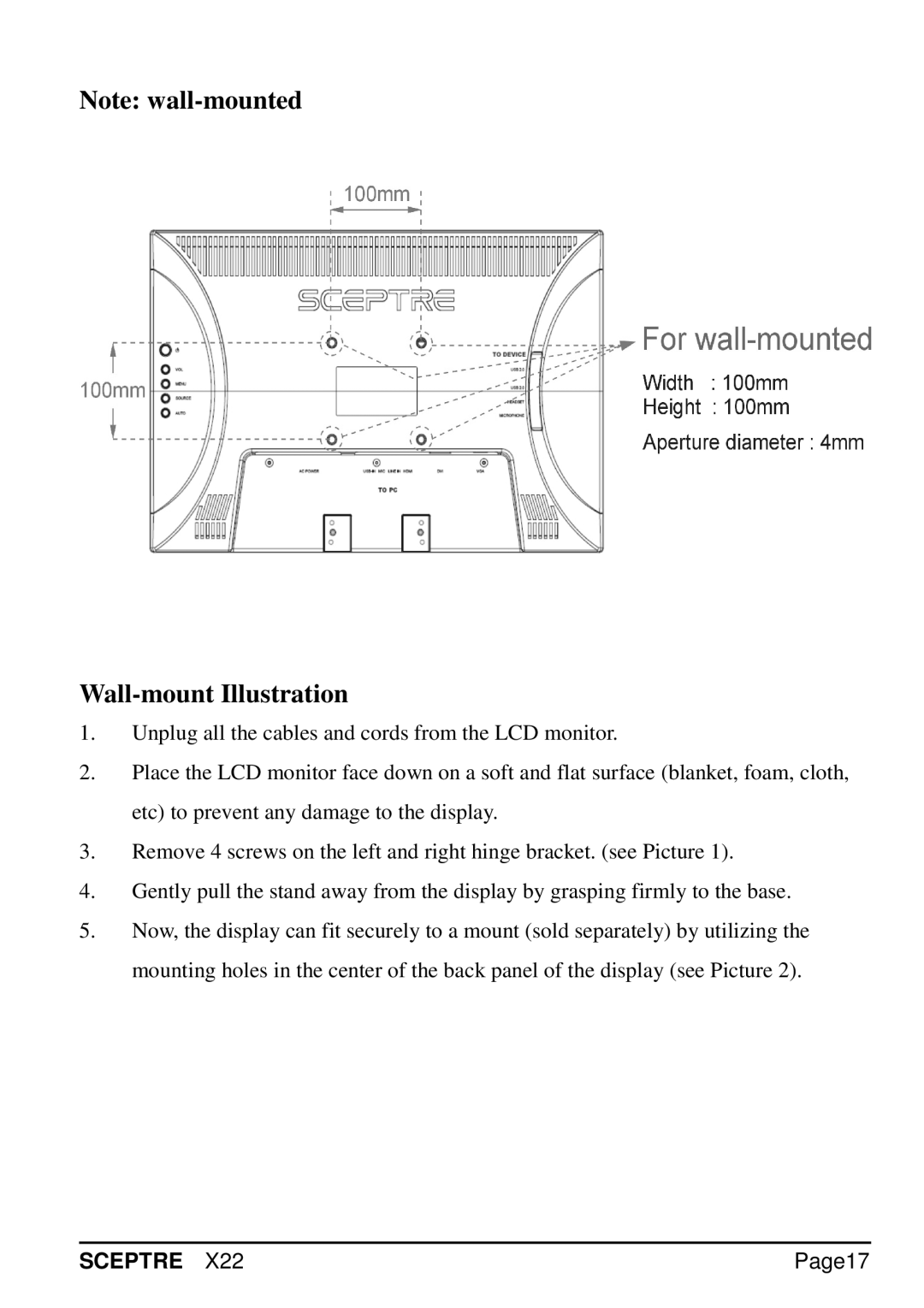 Sceptre Technologies SCEPTRE X22 specifications Wall-mount Illustration 