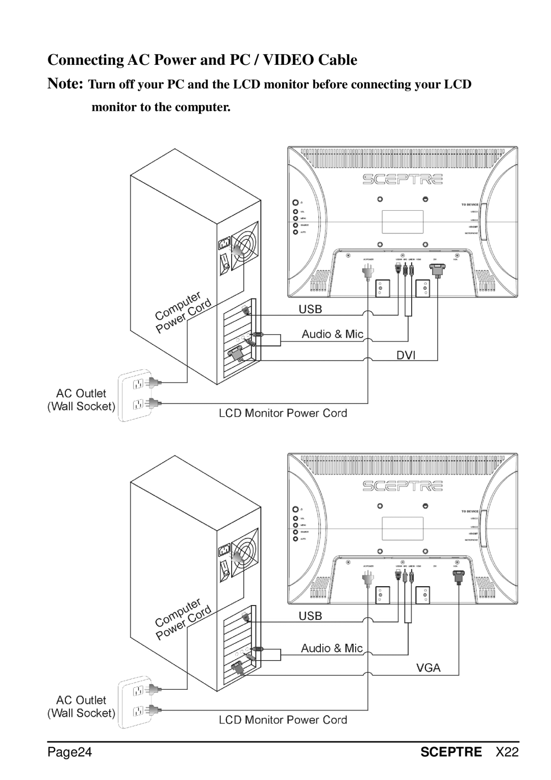 Sceptre Technologies SCEPTRE X22 specifications Connecting AC Power and PC / Video Cable 