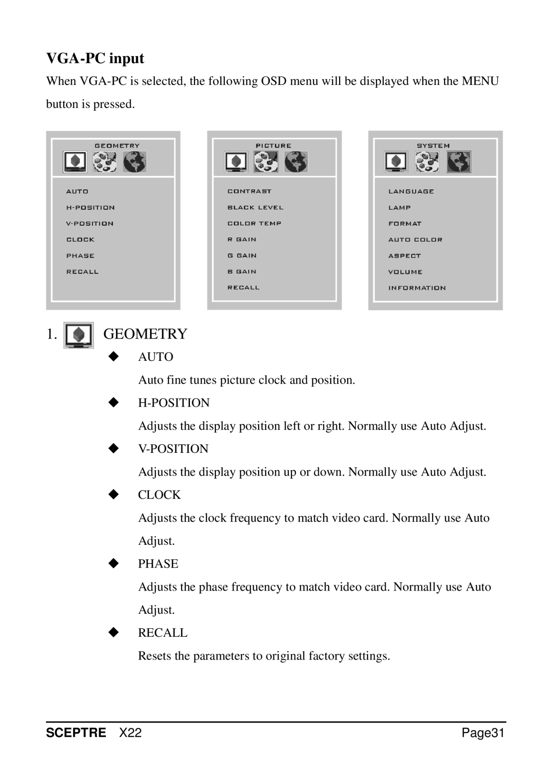 Sceptre Technologies SCEPTRE X22 specifications VGA-PC input, Geometry 