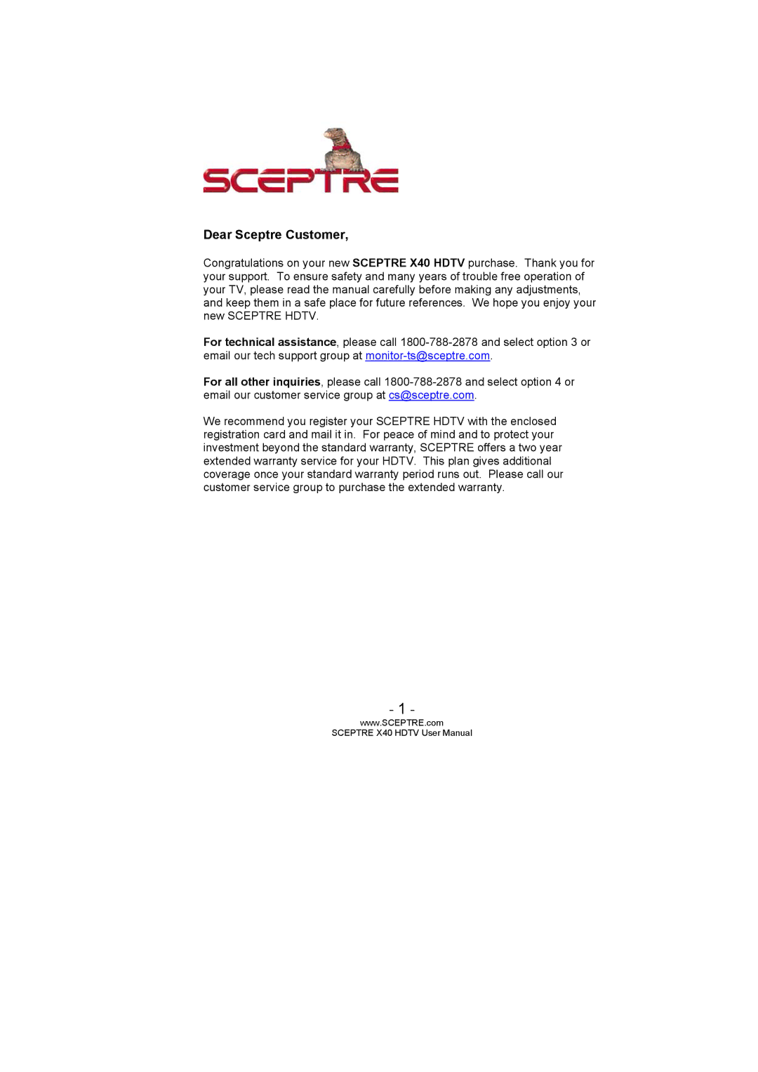 Sceptre Technologies SCEPTRE X40 HDTV user manual Dear Sceptre Customer 