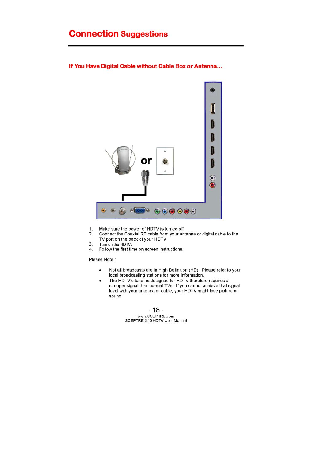 Sceptre Technologies SCEPTRE X40 HDTV Connection Suggestions, If You Have Digital Cable without Cable Box or Antenna… 