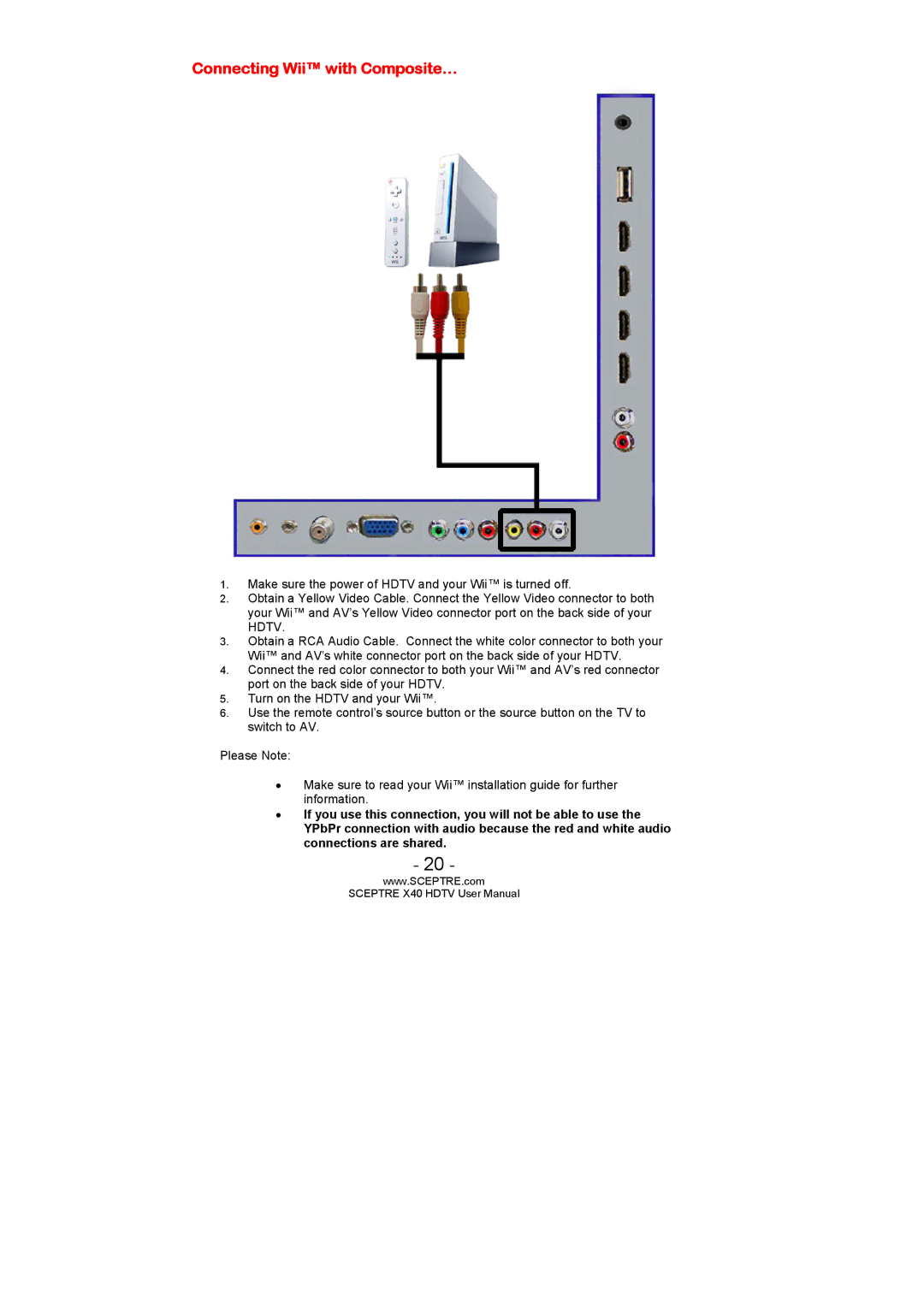 Sceptre Technologies SCEPTRE X40 HDTV user manual Connecting Wii with Composite… 