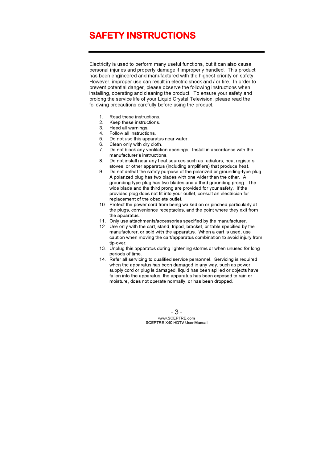 Sceptre Technologies SCEPTRE X40 HDTV user manual Safety Instructions 