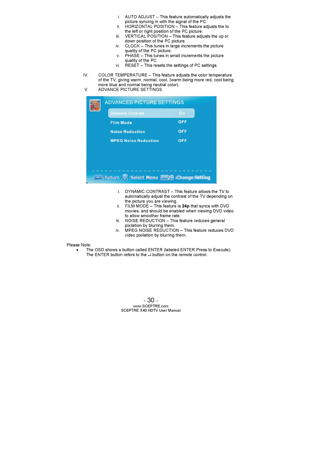 Sceptre Technologies SCEPTRE X40 HDTV user manual Advance Picture Settings 