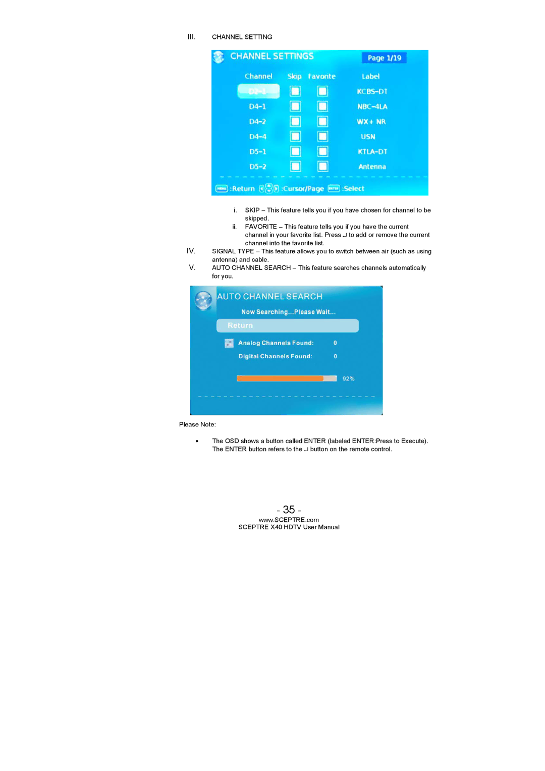 Sceptre Technologies SCEPTRE X40 HDTV user manual III. Channel Setting 