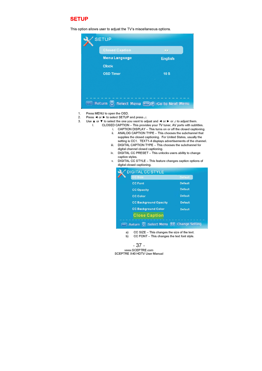 Sceptre Technologies SCEPTRE X40 HDTV user manual Setup 