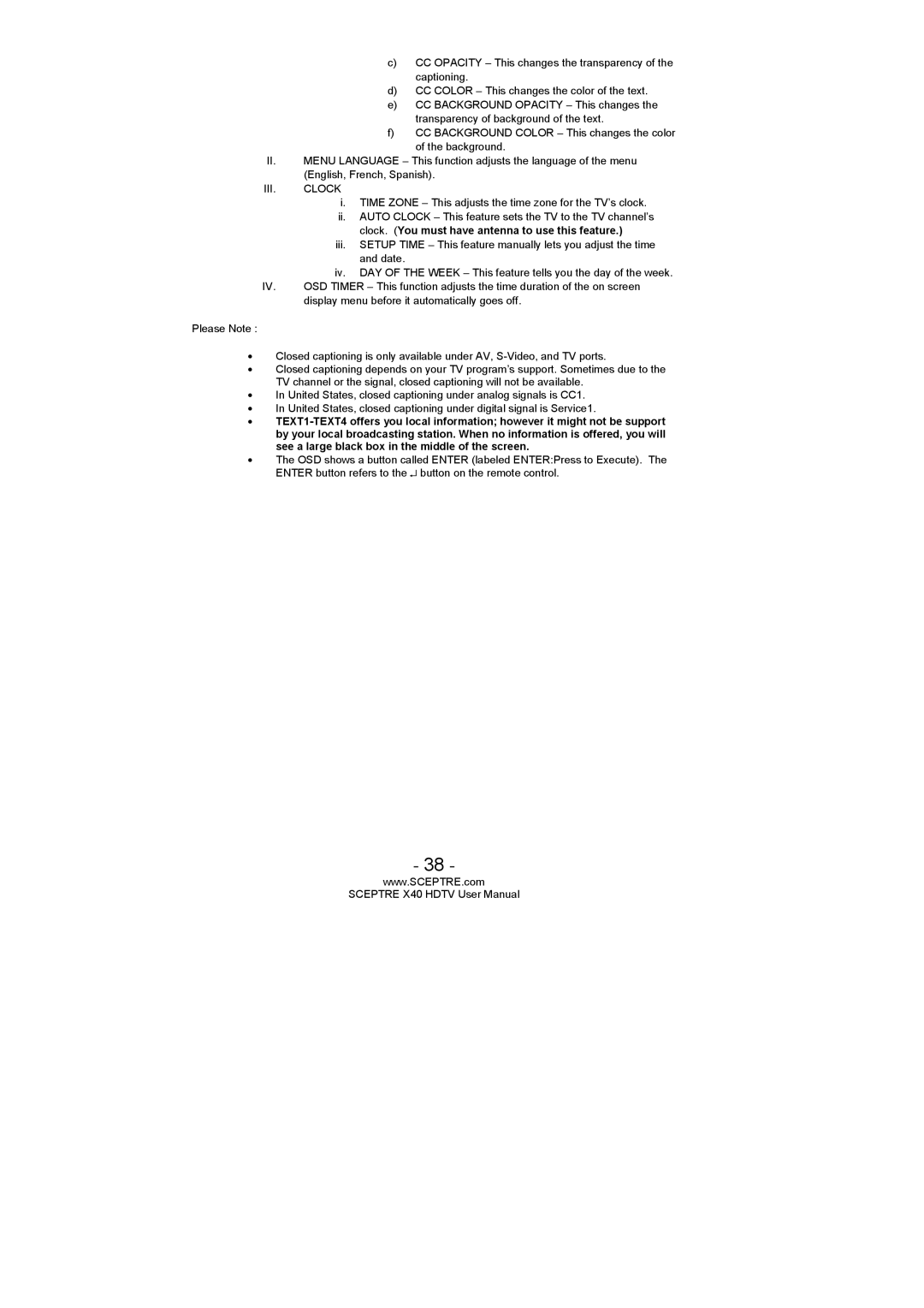 Sceptre Technologies SCEPTRE X40 HDTV user manual III. Clock 