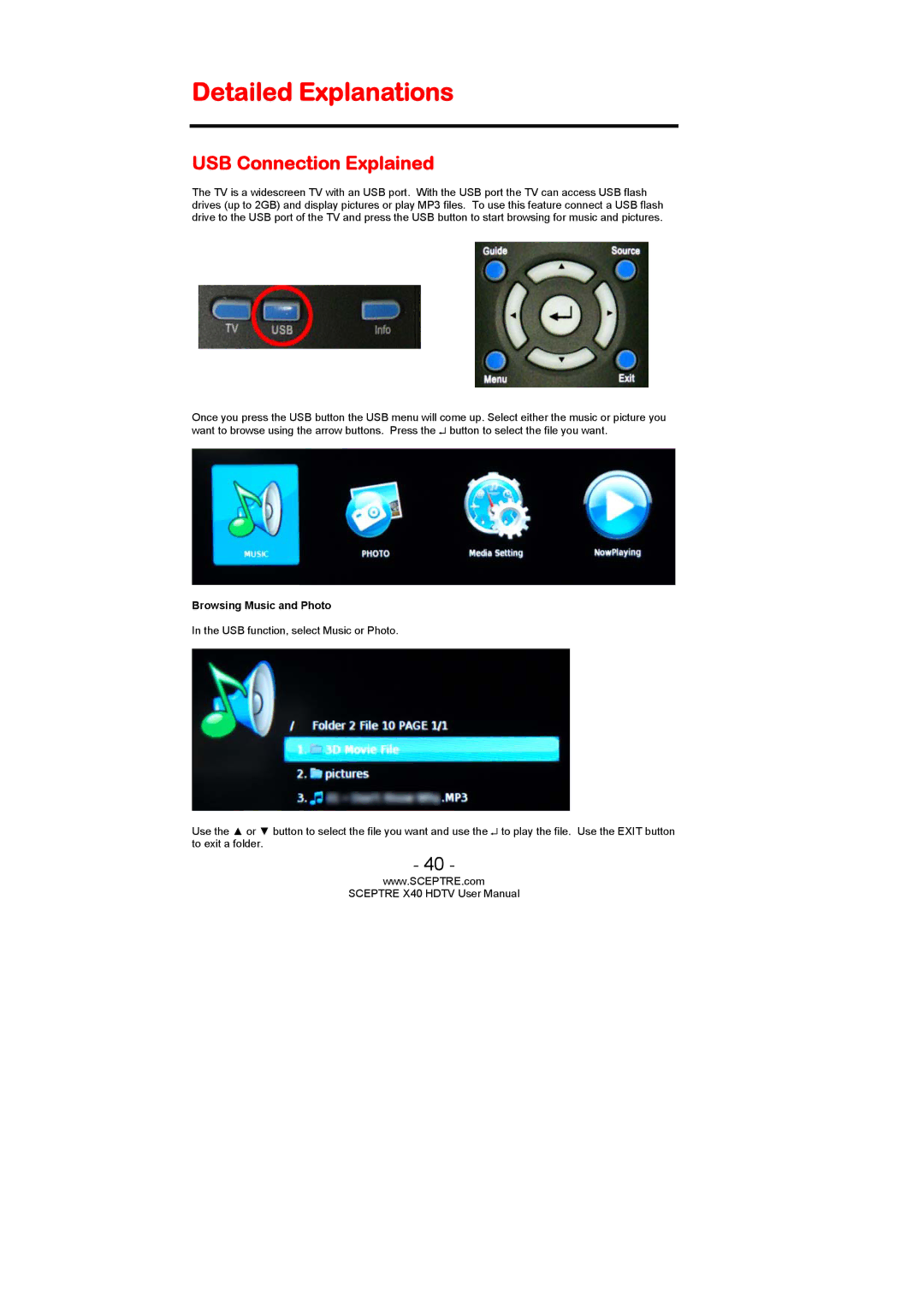 Sceptre Technologies SCEPTRE X40 HDTV user manual Detailed Explanations, USB Connection Explained 