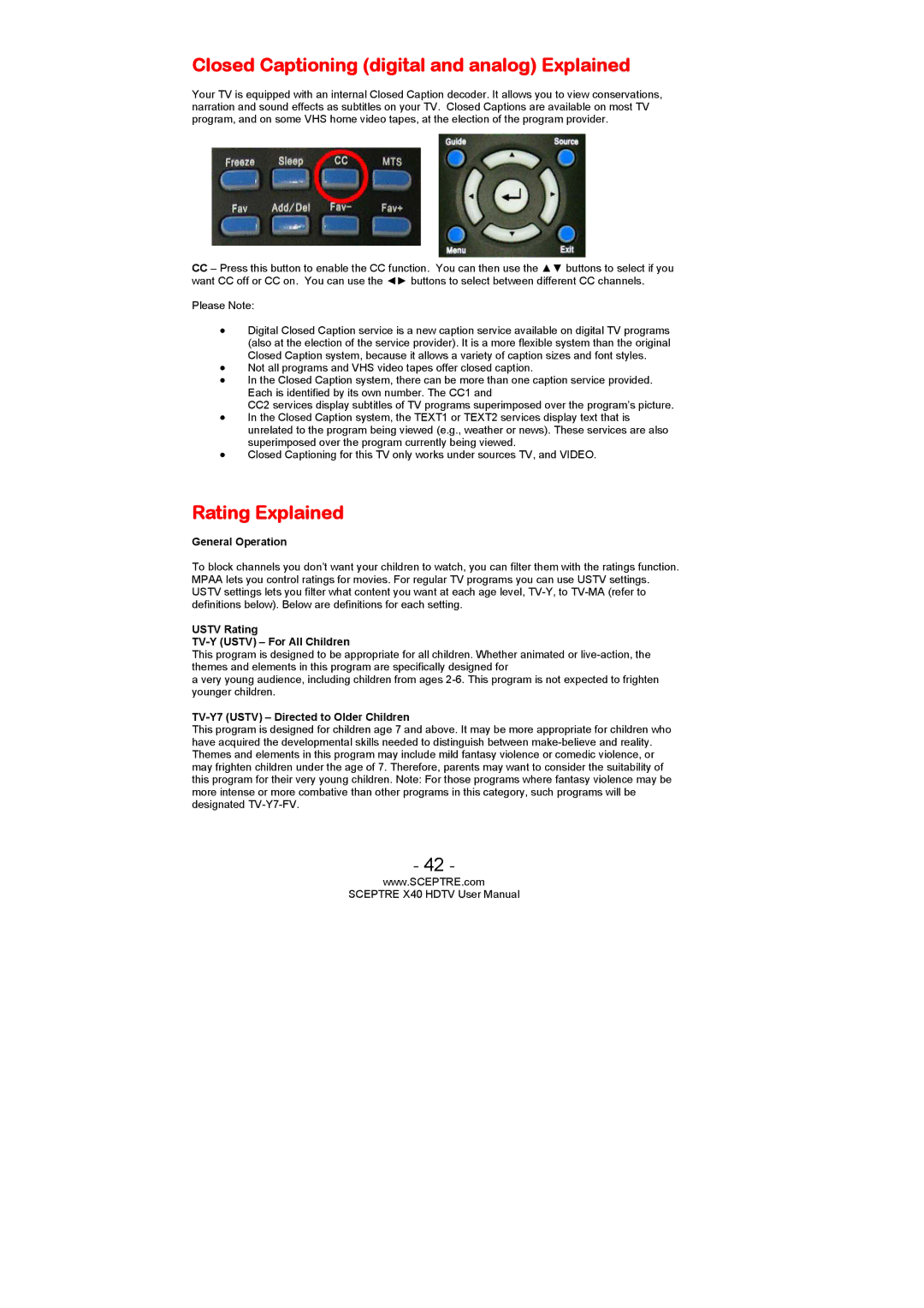 Sceptre Technologies SCEPTRE X40 HDTV user manual Closed Captioning digital and analog Explained, Rating Explained 