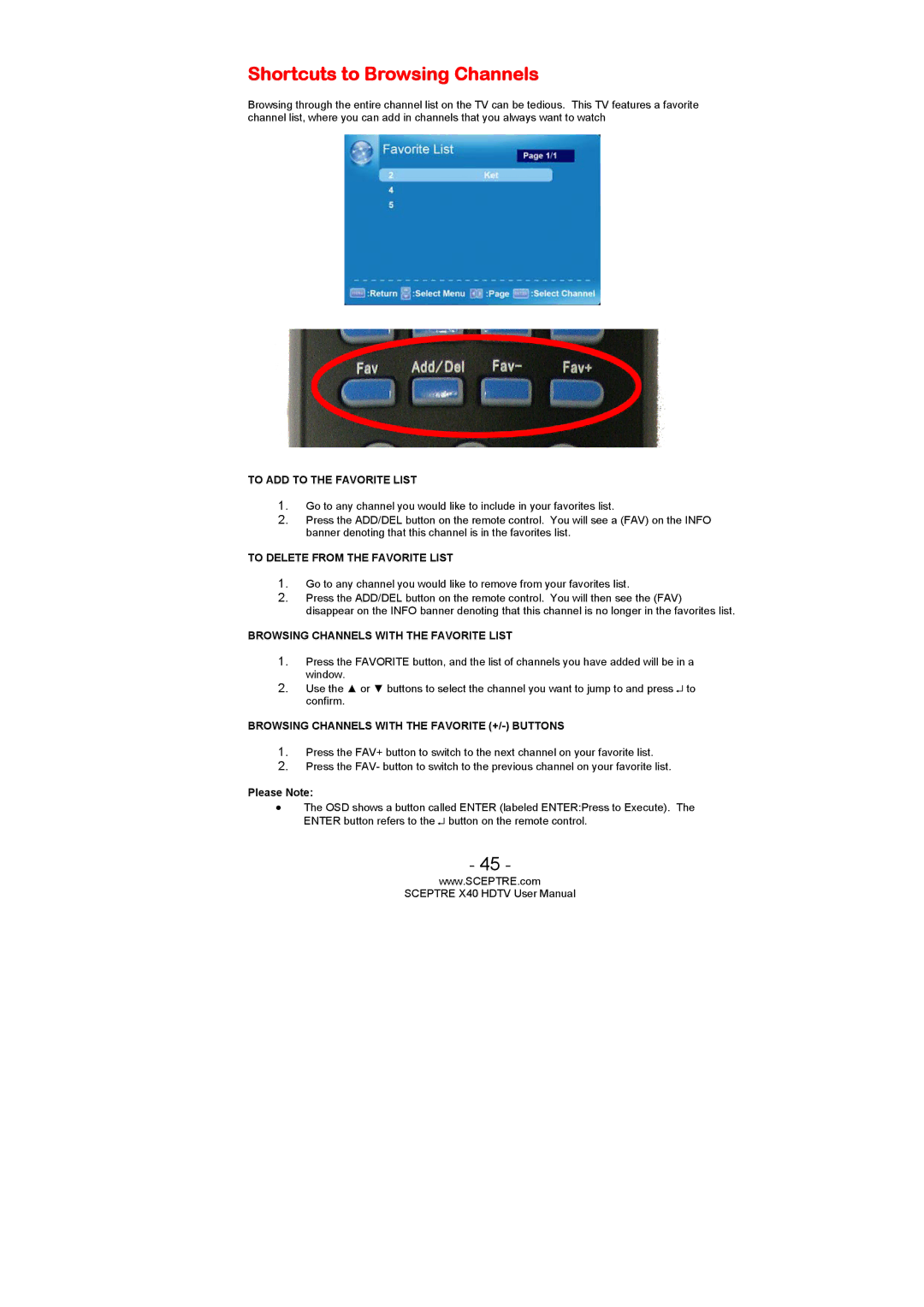 Sceptre Technologies SCEPTRE X40 HDTV user manual Shortcuts to Browsing Channels, To ADD to the Favorite List 