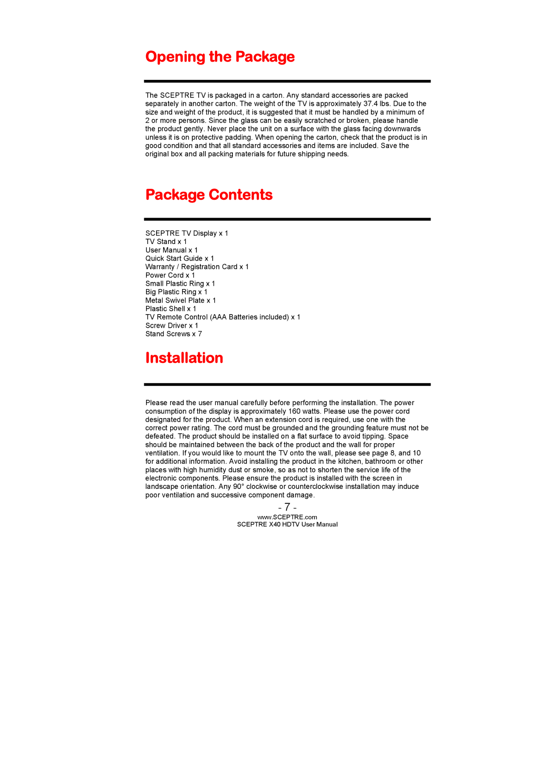 Sceptre Technologies SCEPTRE X40 HDTV user manual Opening the Package, Package Contents, Installation 