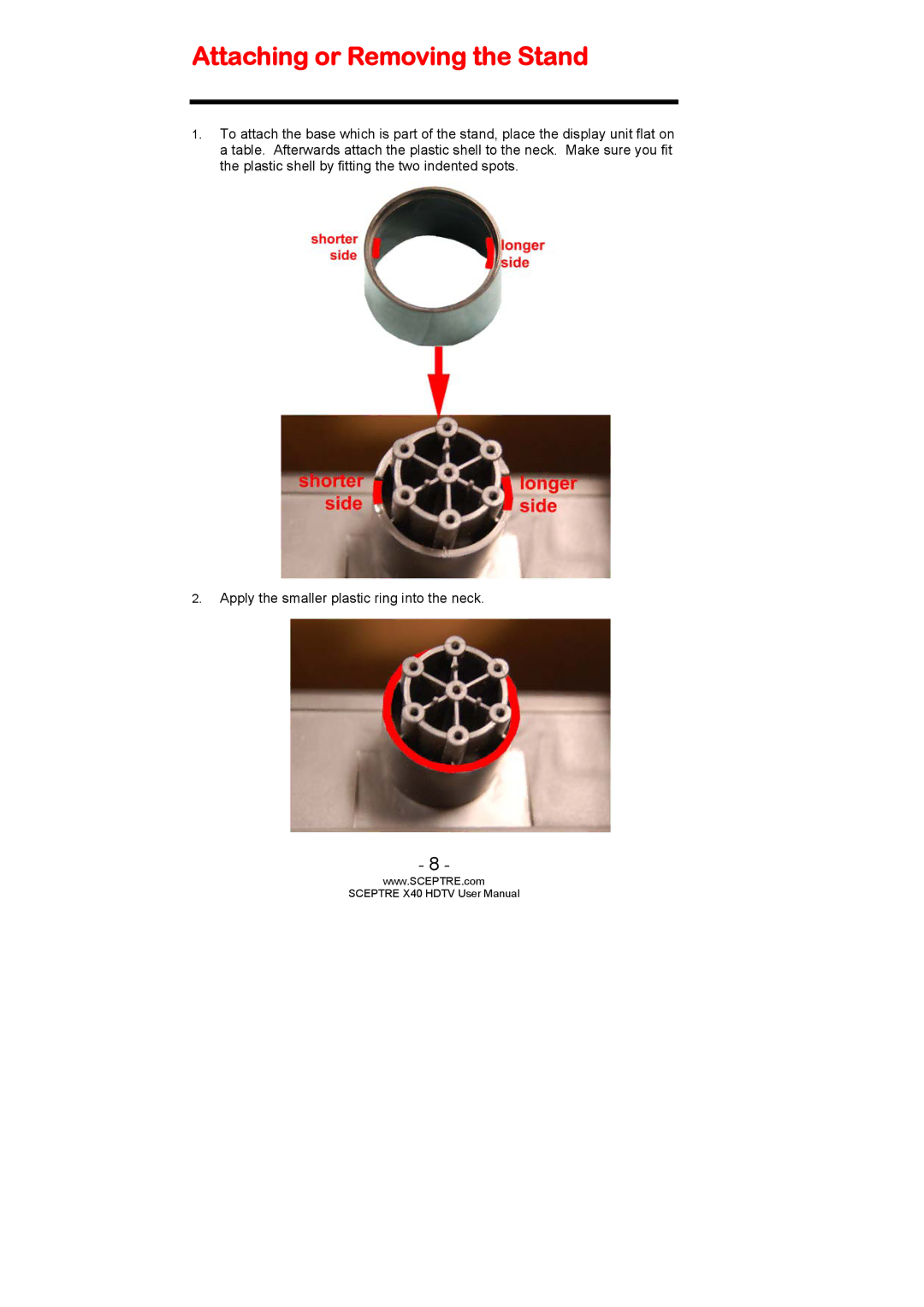 Sceptre Technologies SCEPTRE X40 HDTV user manual Attaching or Removing the Stand 