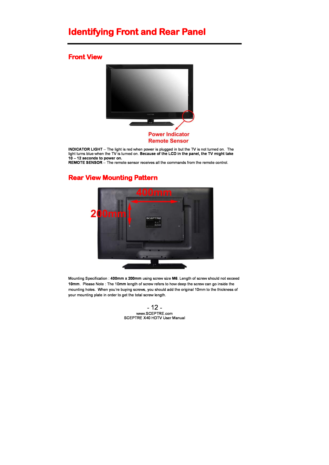 Sceptre Technologies SCEPTRE X40 HDTV user manual Identifying Front and Rear Panel, Front View, Rear View Mounting Pattern 