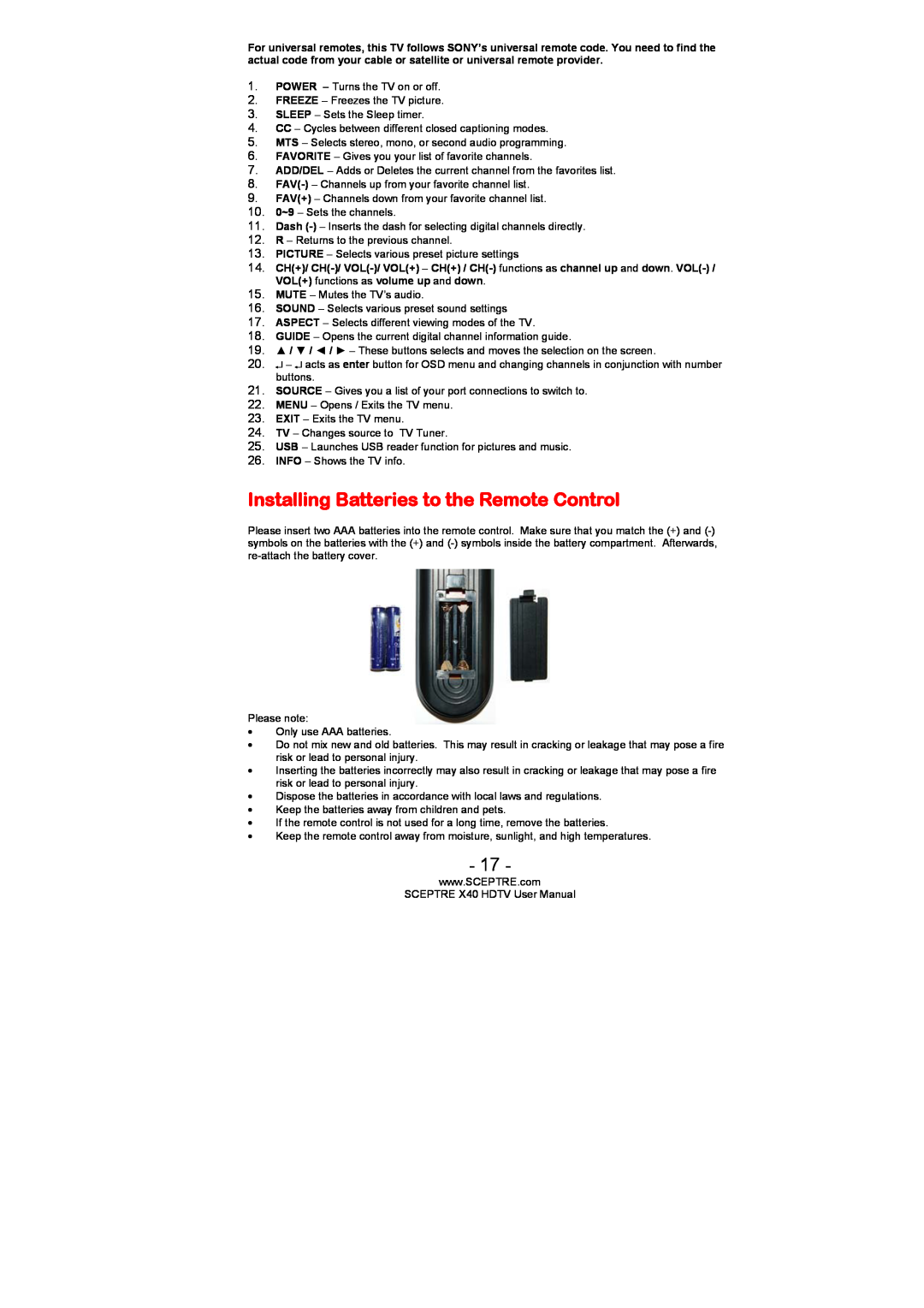 Sceptre Technologies SCEPTRE X40 HDTV user manual Installing Batteries to the Remote Control 
