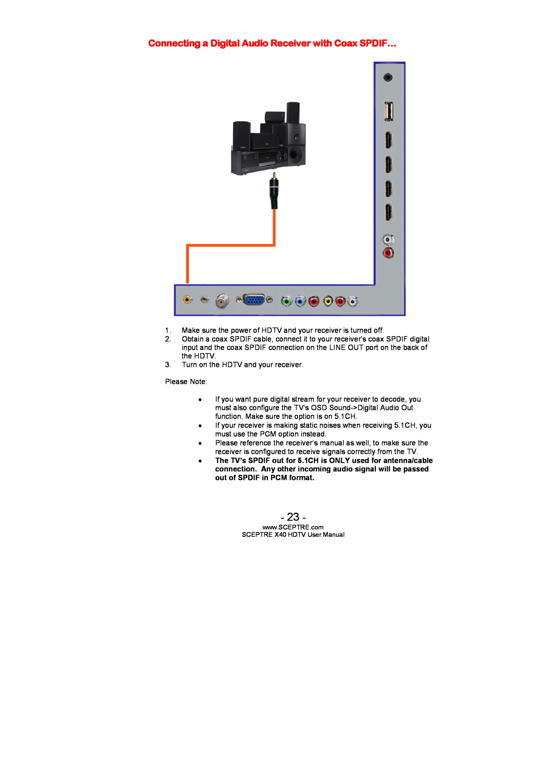 Sceptre Technologies SCEPTRE X40 HDTV user manual Connecting a Digital Audio Receiver with Coax SPDIF… 
