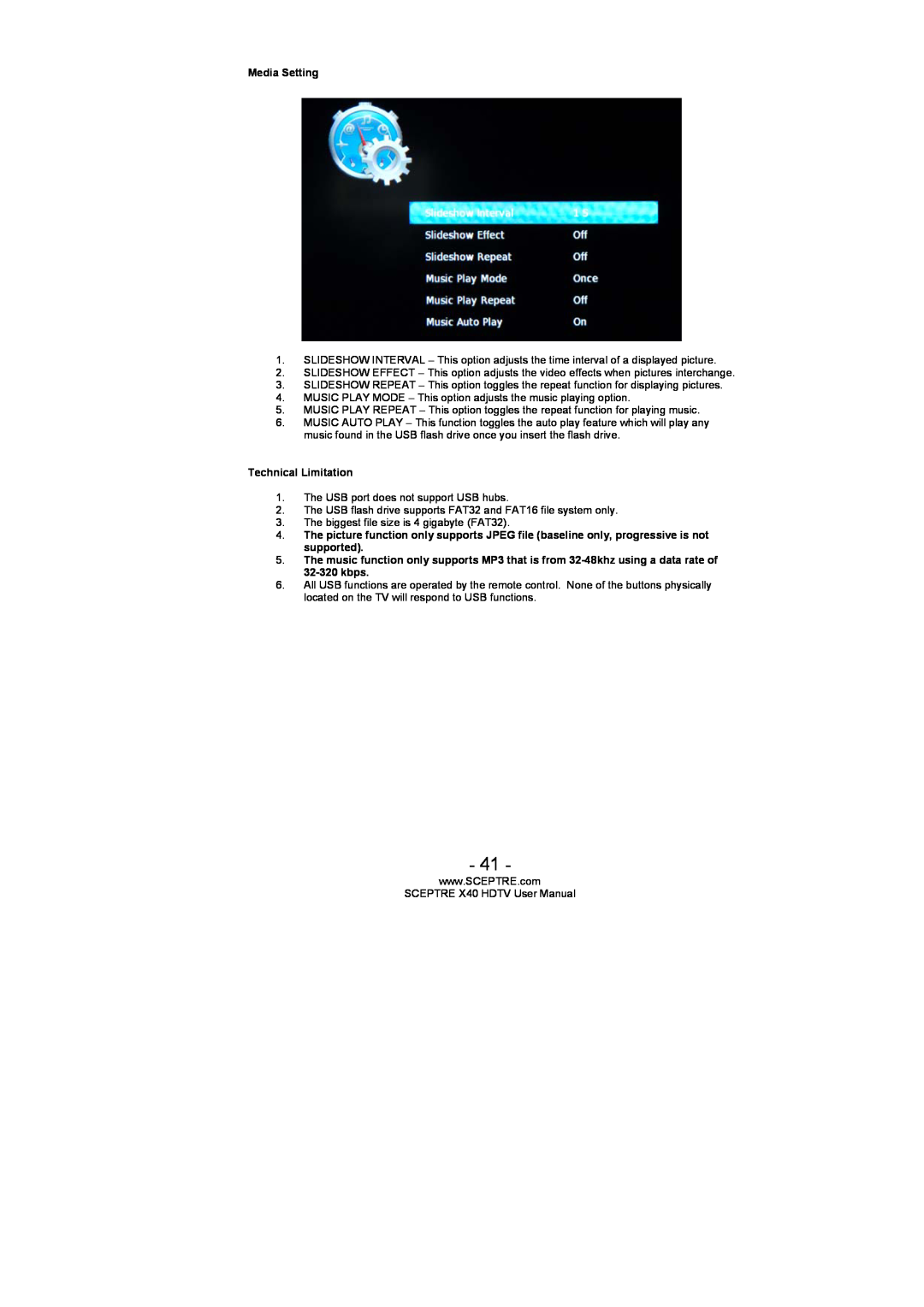 Sceptre Technologies SCEPTRE X40 HDTV user manual Media Setting, Technical Limitation 