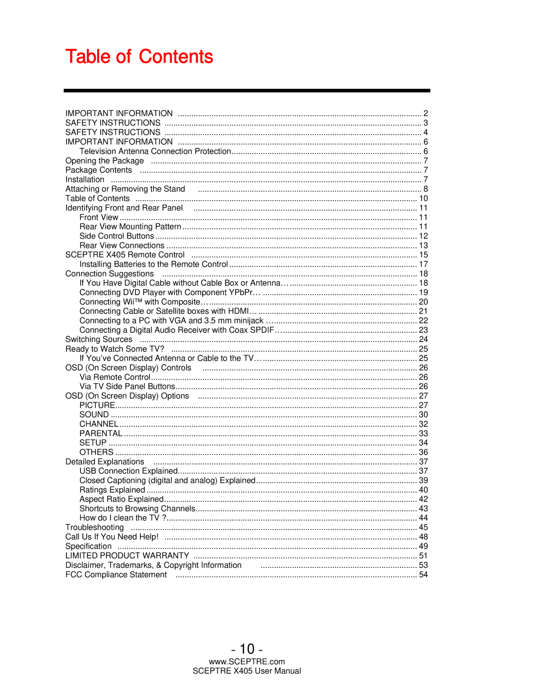 Sceptre Technologies SCEPTRE X405 HDTV user manual Table of Contents 