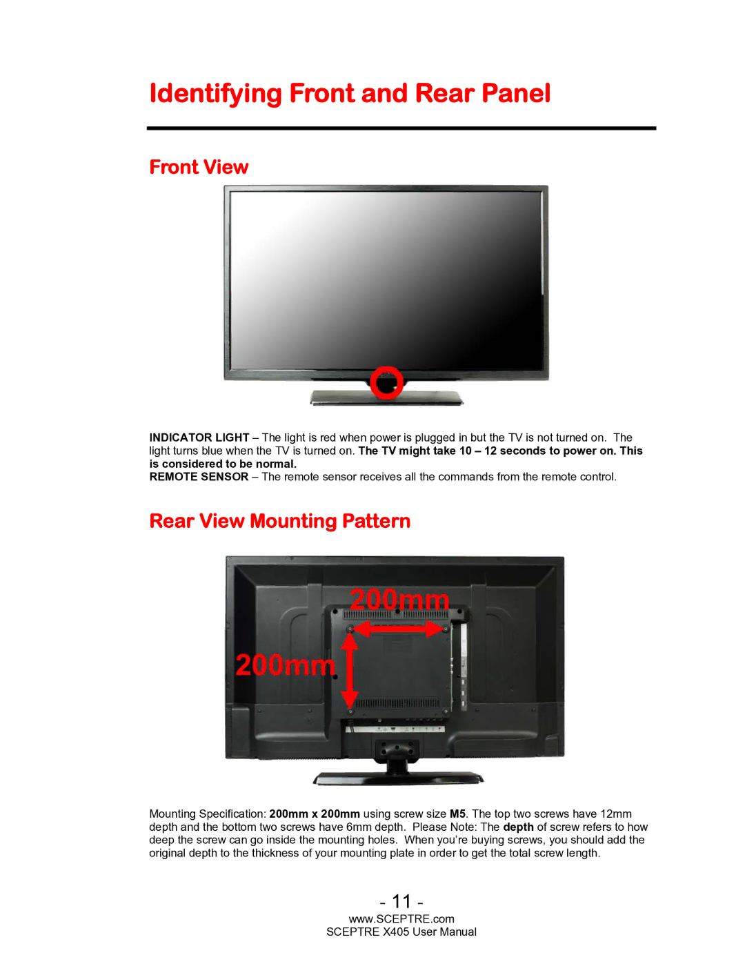 Sceptre Technologies SCEPTRE X405 HDTV user manual Identifying Front and Rear Panel, Front View, Rear View Mounting Pattern 