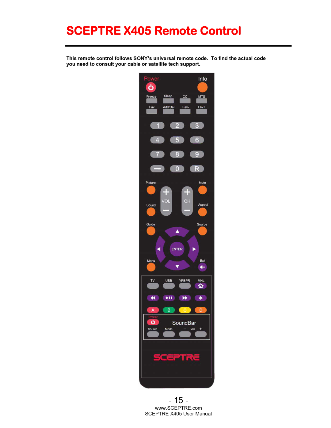 Sceptre Technologies SCEPTRE X405 HDTV user manual Sceptre X405 Remote Control 