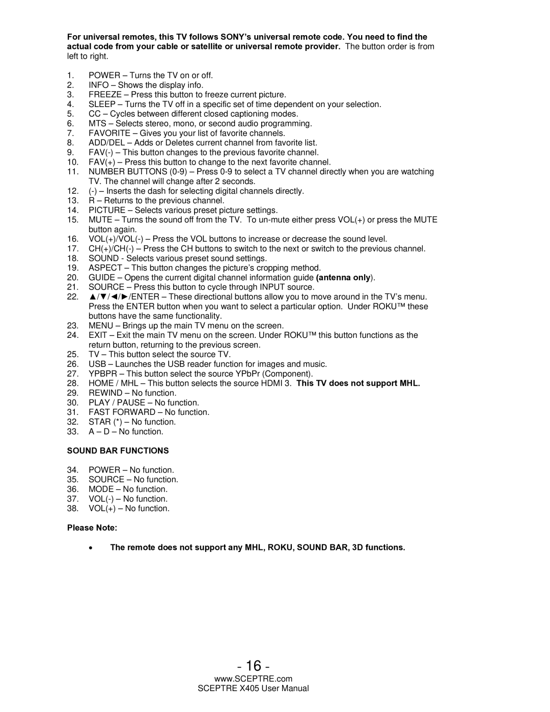 Sceptre Technologies SCEPTRE X405 HDTV user manual Sound BAR Functions 