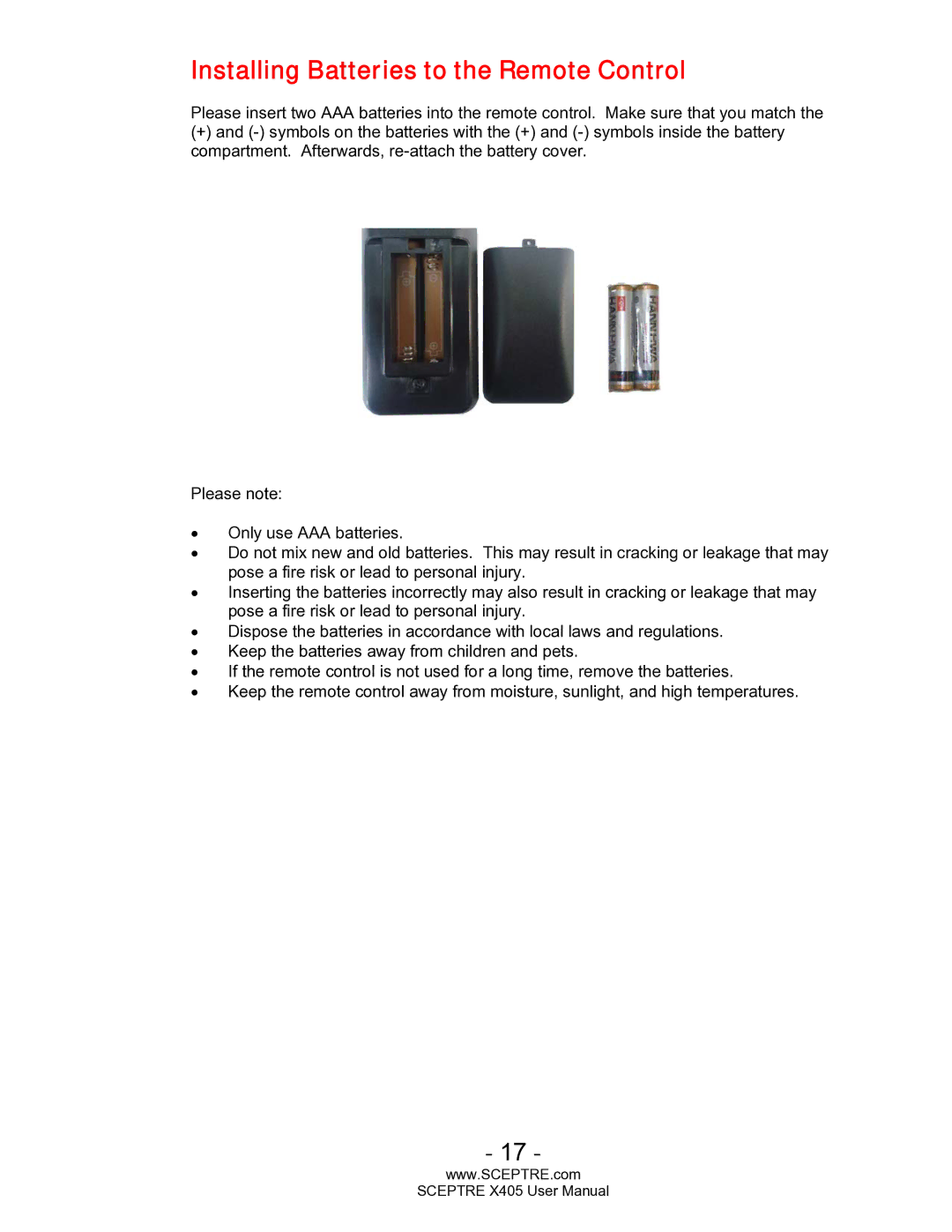 Sceptre Technologies SCEPTRE X405 HDTV user manual Installing Batteries to the Remote Control 