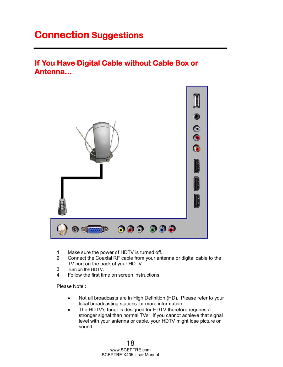 Sceptre Technologies SCEPTRE X405 HDTV Connection Suggestions, If You Have Digital Cable without Cable Box or Antenna… 