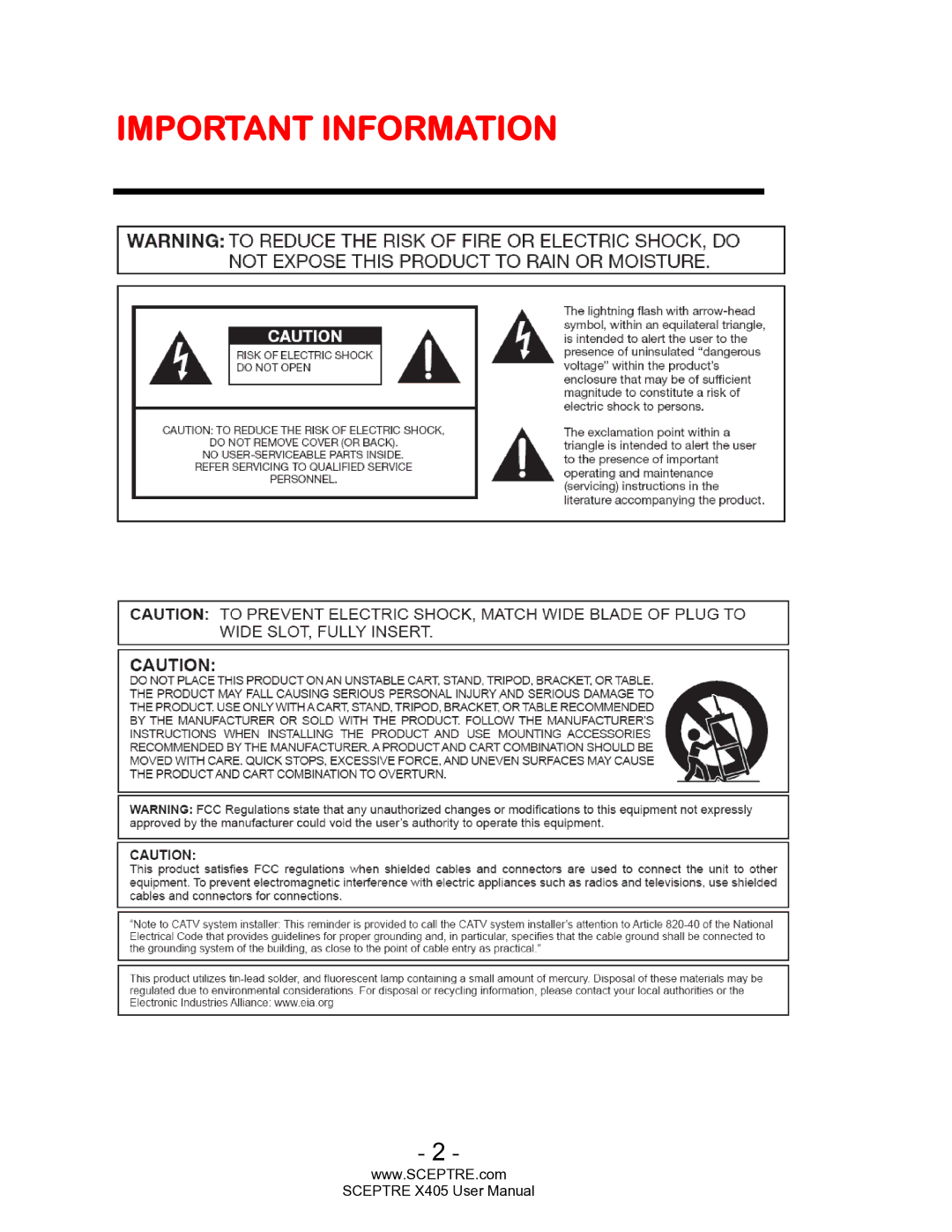 Sceptre Technologies SCEPTRE X405 HDTV user manual Important Information 