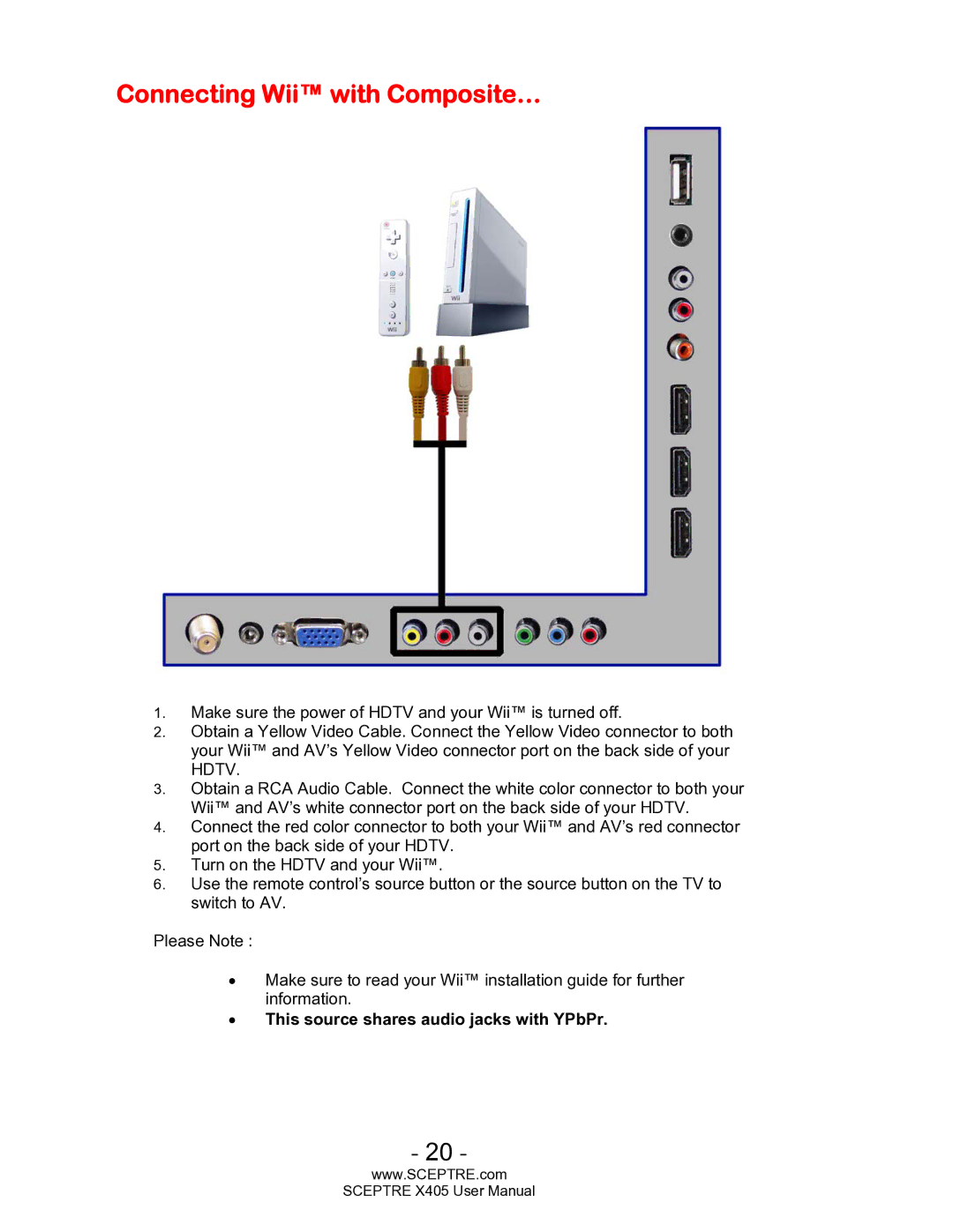 Sceptre Technologies SCEPTRE X405 HDTV user manual Connecting Wii with Composite… 