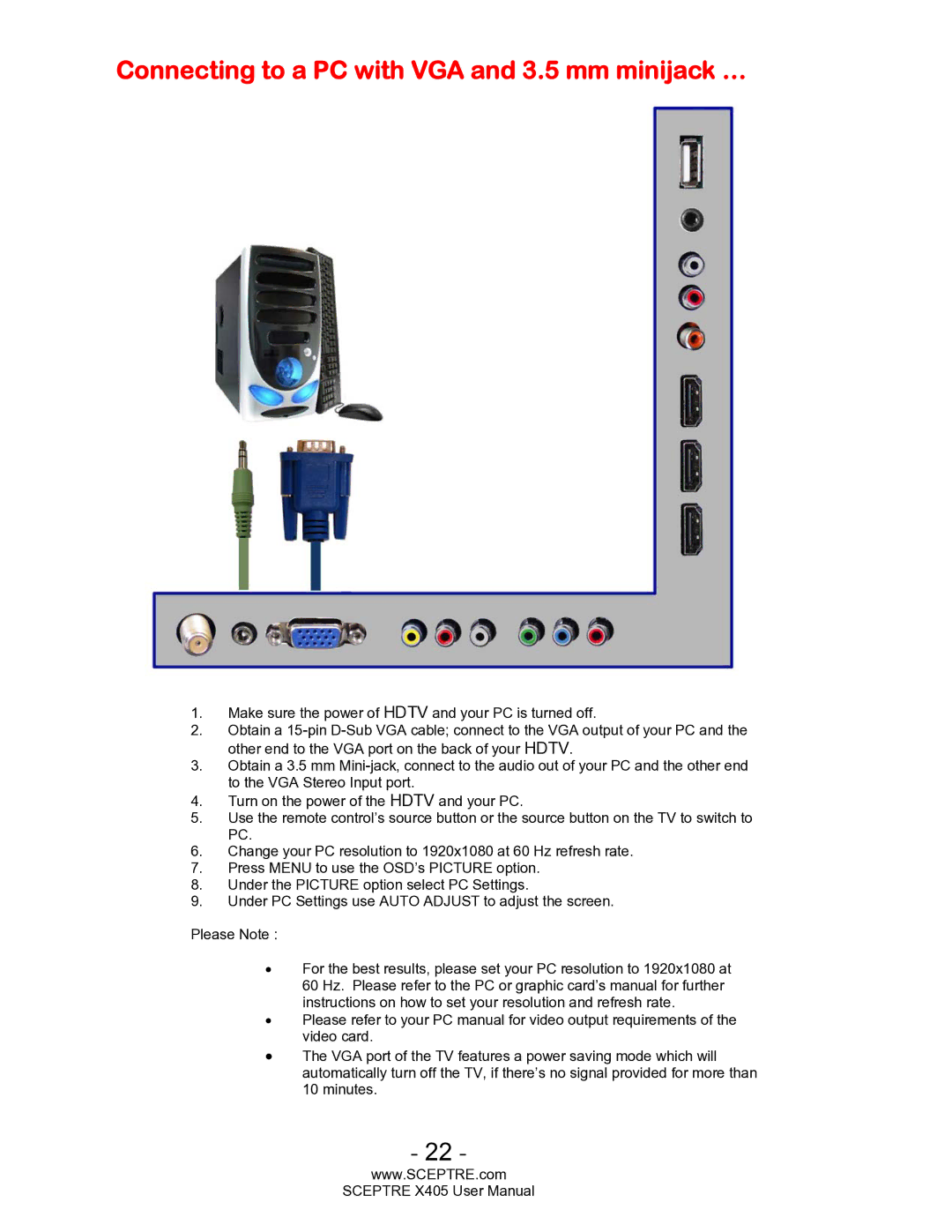 Sceptre Technologies SCEPTRE X405 HDTV user manual Connecting to a PC with VGA and 3.5 mm minijack … 