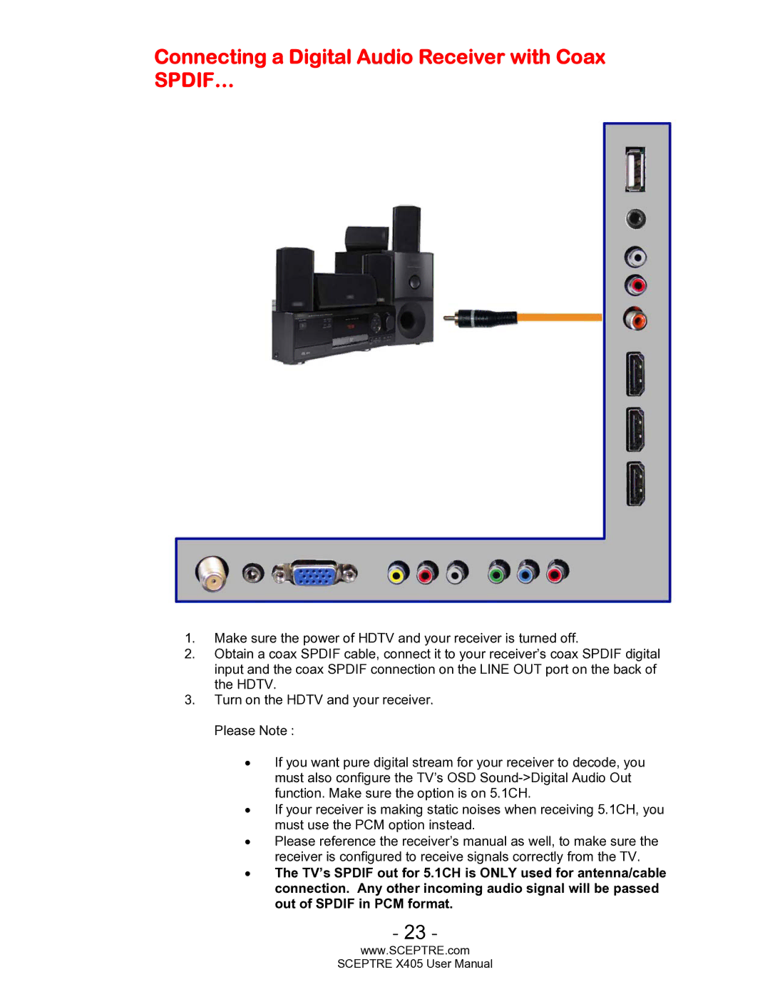 Sceptre Technologies SCEPTRE X405 HDTV user manual Connecting a Digital Audio Receiver with Coax, Spdif… 