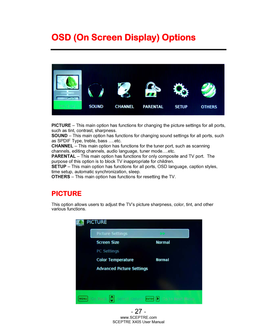 Sceptre Technologies SCEPTRE X405 HDTV user manual OSD On Screen Display Options, Picture 