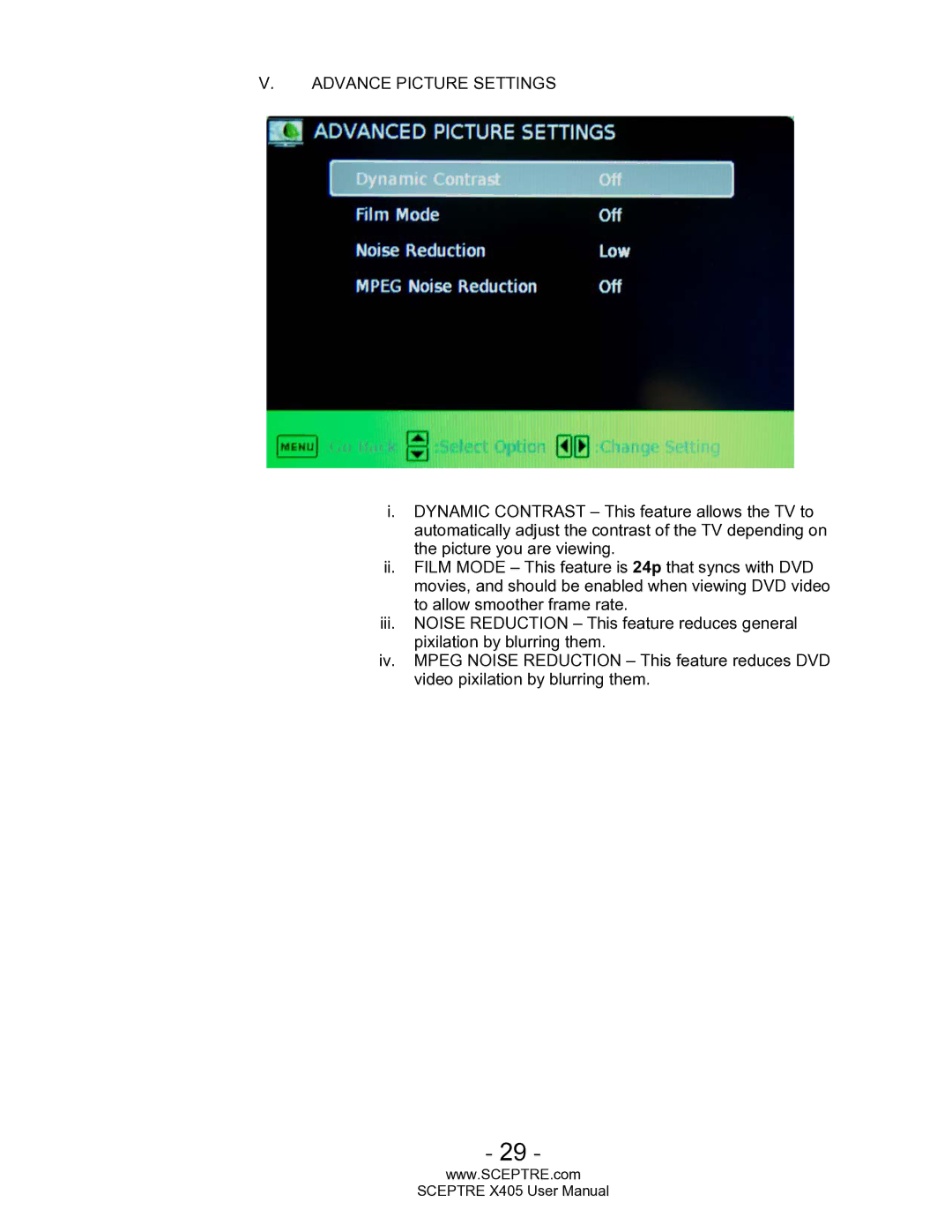 Sceptre Technologies SCEPTRE X405 HDTV user manual Advance Picture Settings 