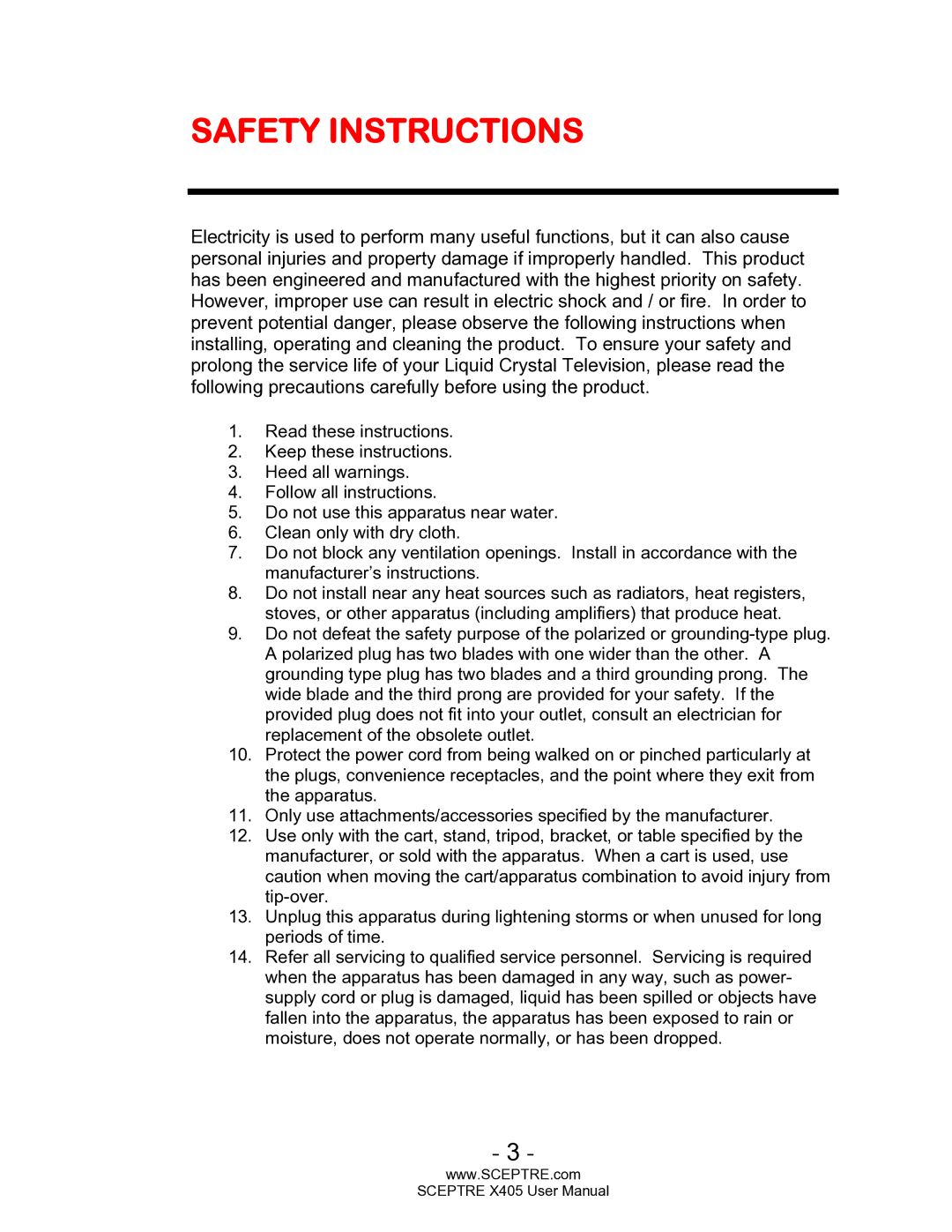 Sceptre Technologies SCEPTRE X405 HDTV user manual Safety Instructions 